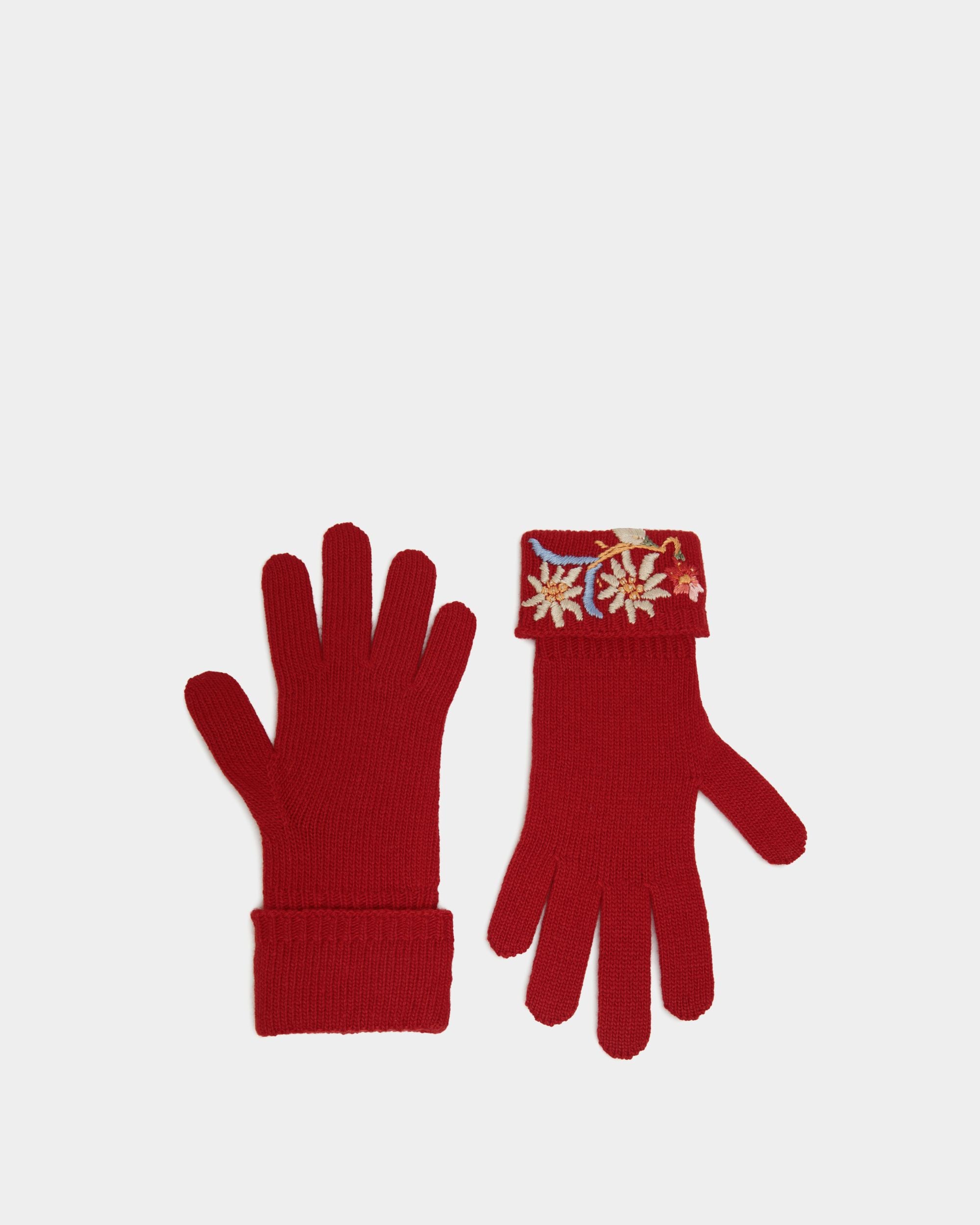 Winter Capsule Gloves With Alpine Flowers in Red Wool - Women's - Bally - 01