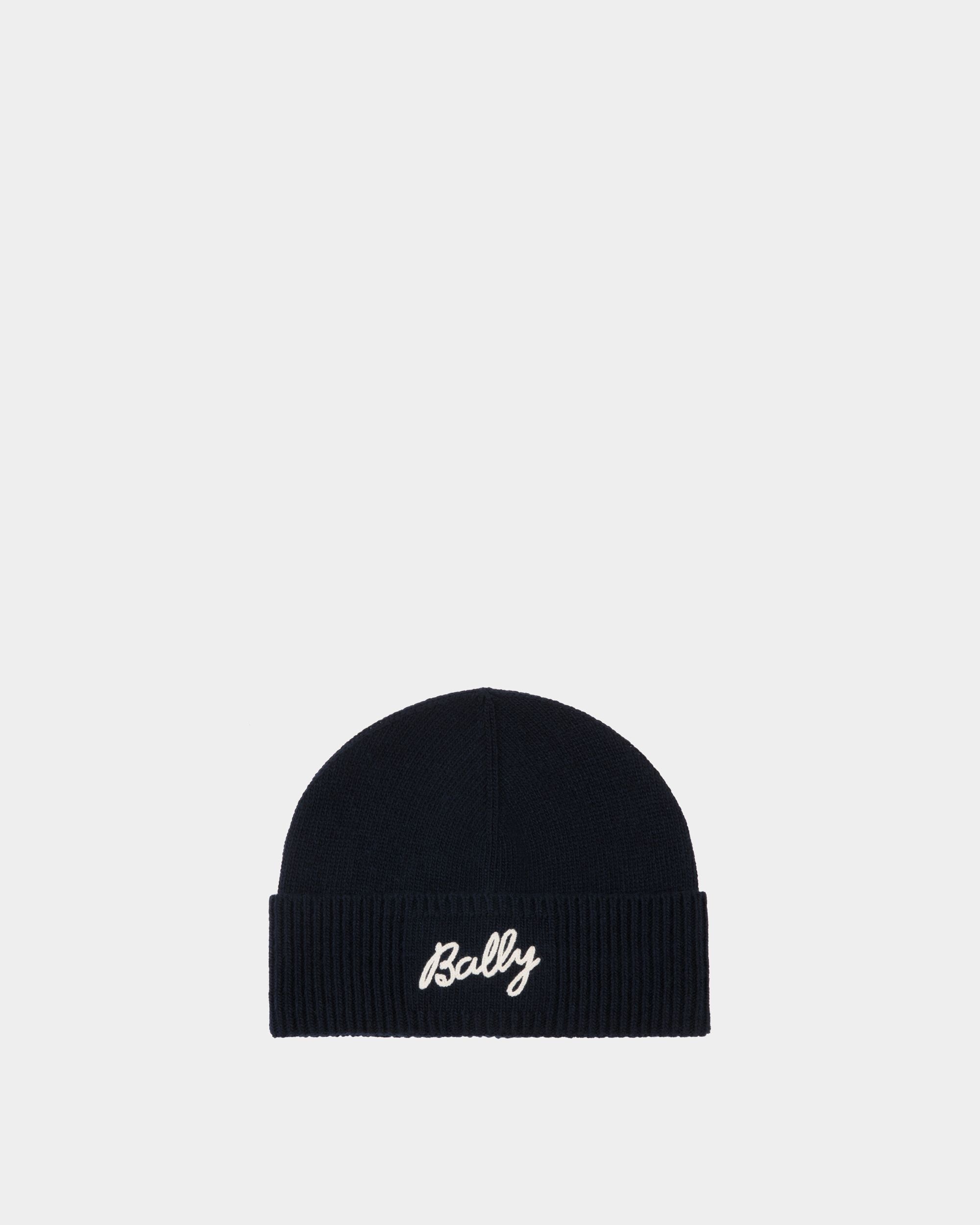 Beanie With Logo In Navy Blue Wool - Women's - Bally - 01