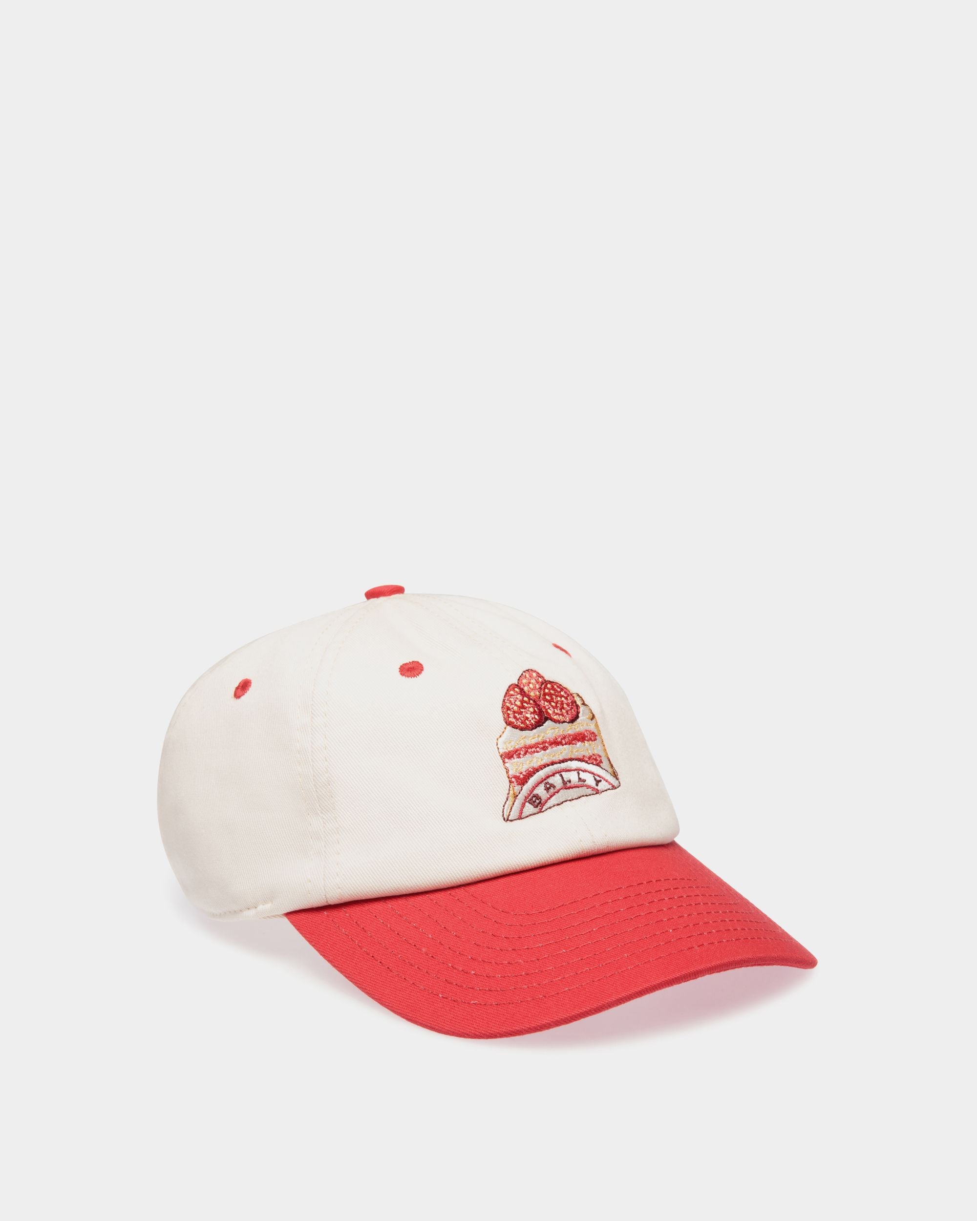 Baseball Hat in Ivory And Red Cotton with Bally Cake Embroidery - Women's - Bally - 01