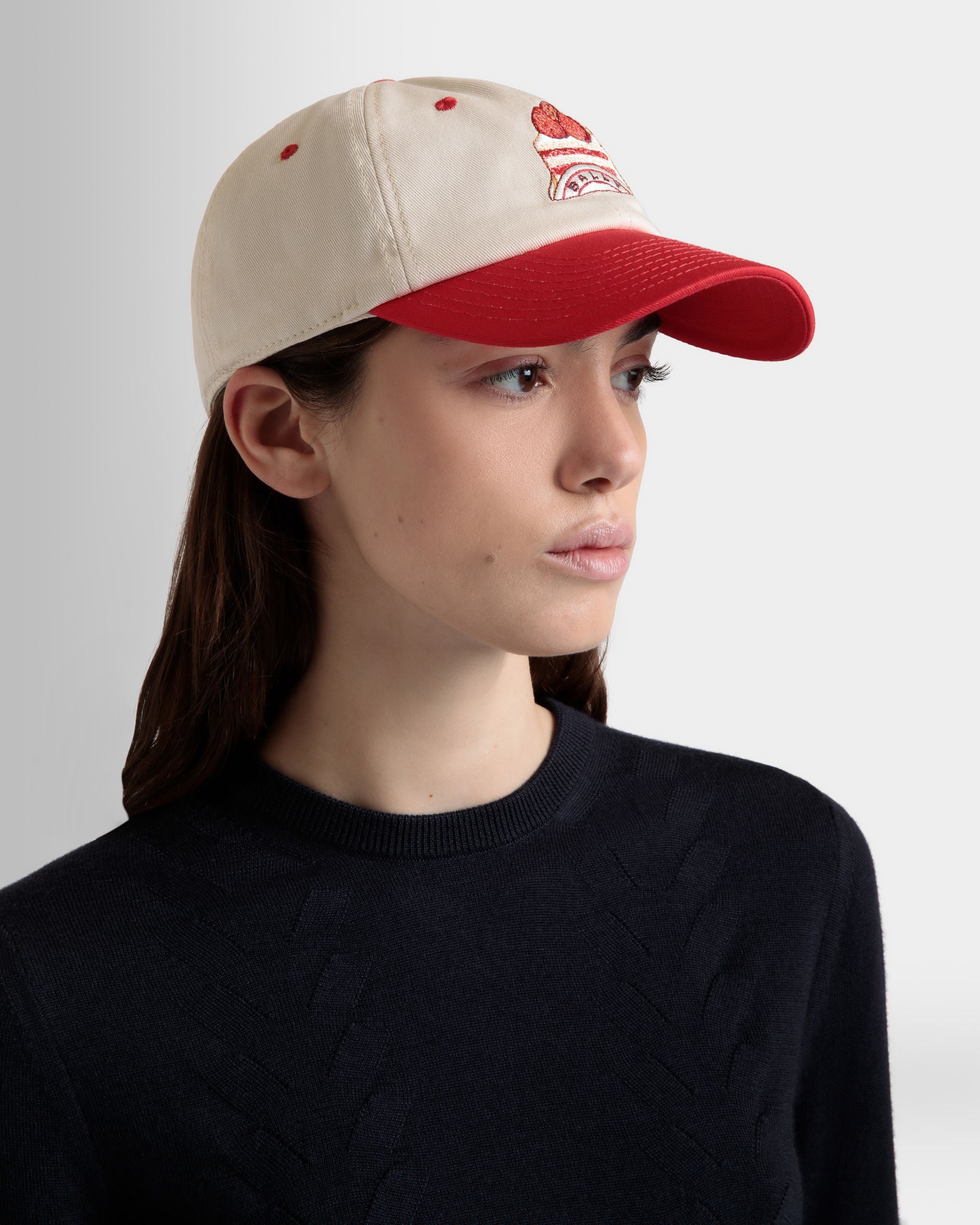 Baseball Hat in Ivory And Red Cotton with Bally Cake Embroidery - Women's - Bally - 02