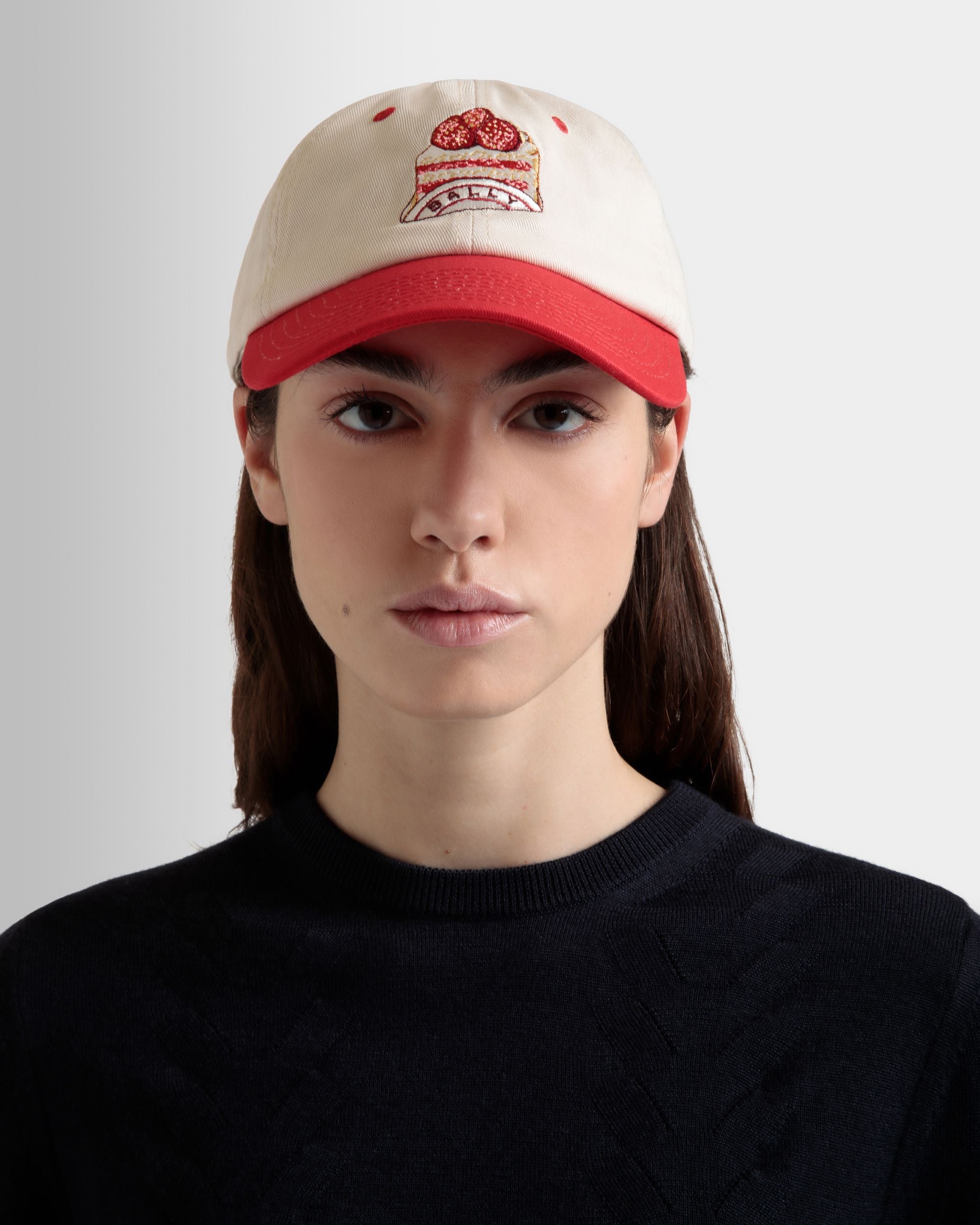 Baseball Hat in Ivory And Red Cotton with Bally Cake Embroidery - Women's - Bally - 05