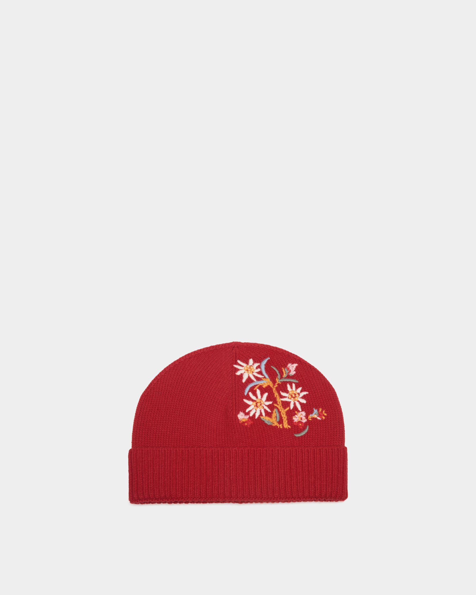 Winter Capsule Beanie With Alpine Flowers in Red Wool - Women's - Bally - 01