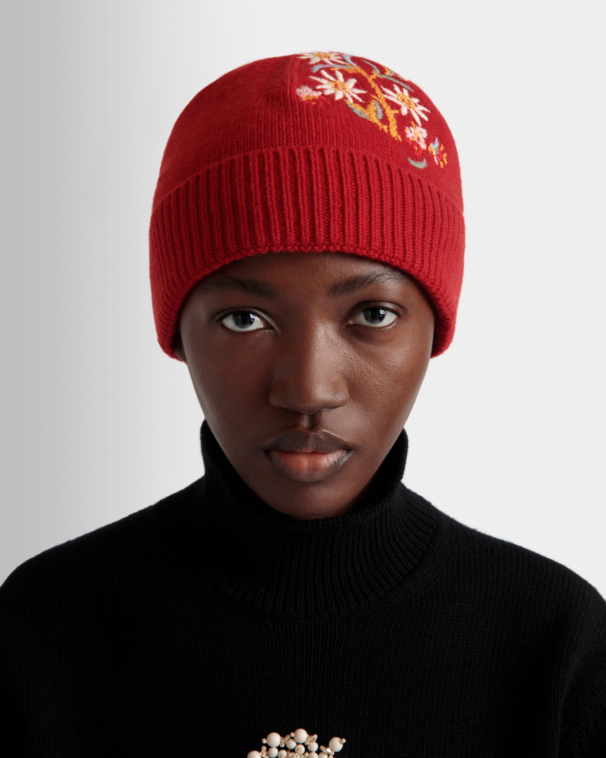 Winter Capsule Beanie With Alpine Flowers in Red Wool - Women's - Bally - 02