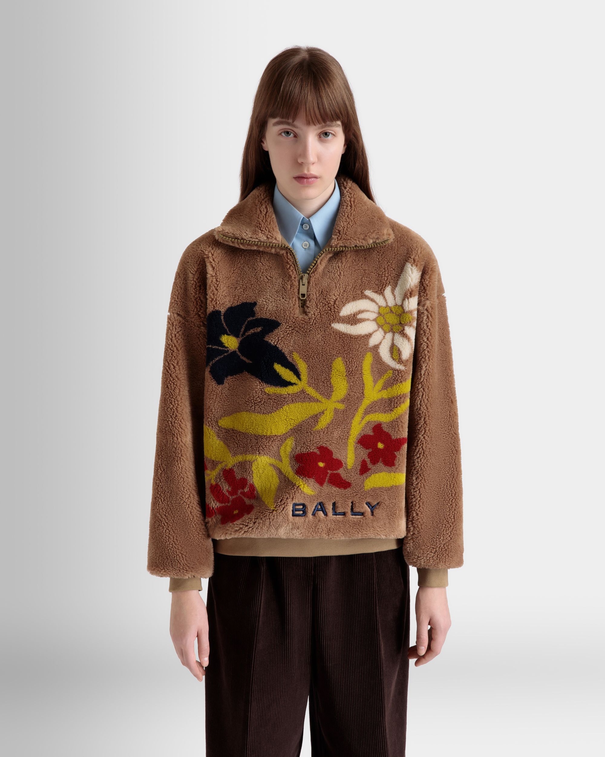 Winter Capsule Half Zip Sweatshirt With Alpine Flowers in Camel Fleece - Women's - Bally - 08