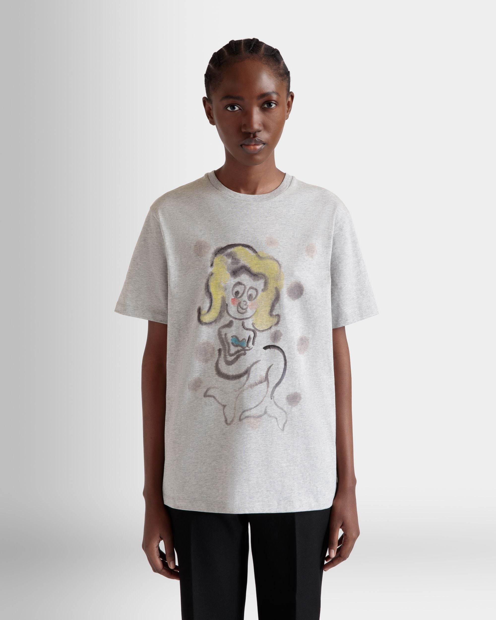 T-Shirt With Mermaid Print In Grey Melange Cotton - Women's - Bally - 03