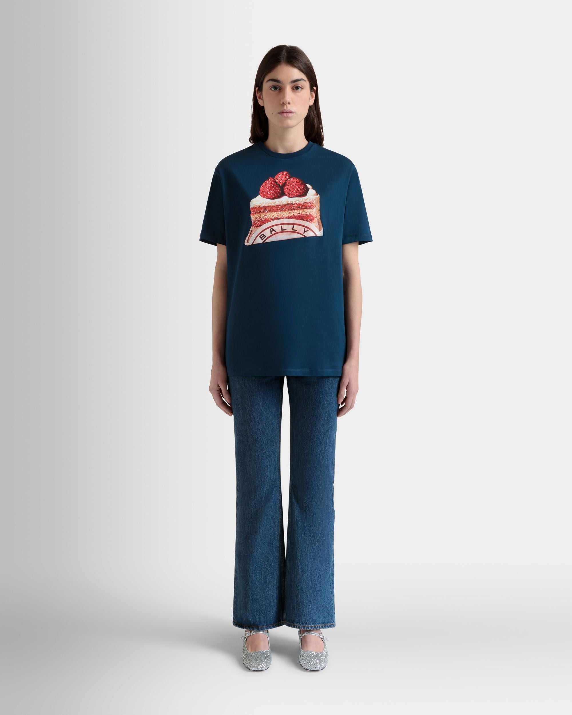 T-Shirt in Navy Blue Cotton With a Bally Cake Print - Women's - Bally - 02