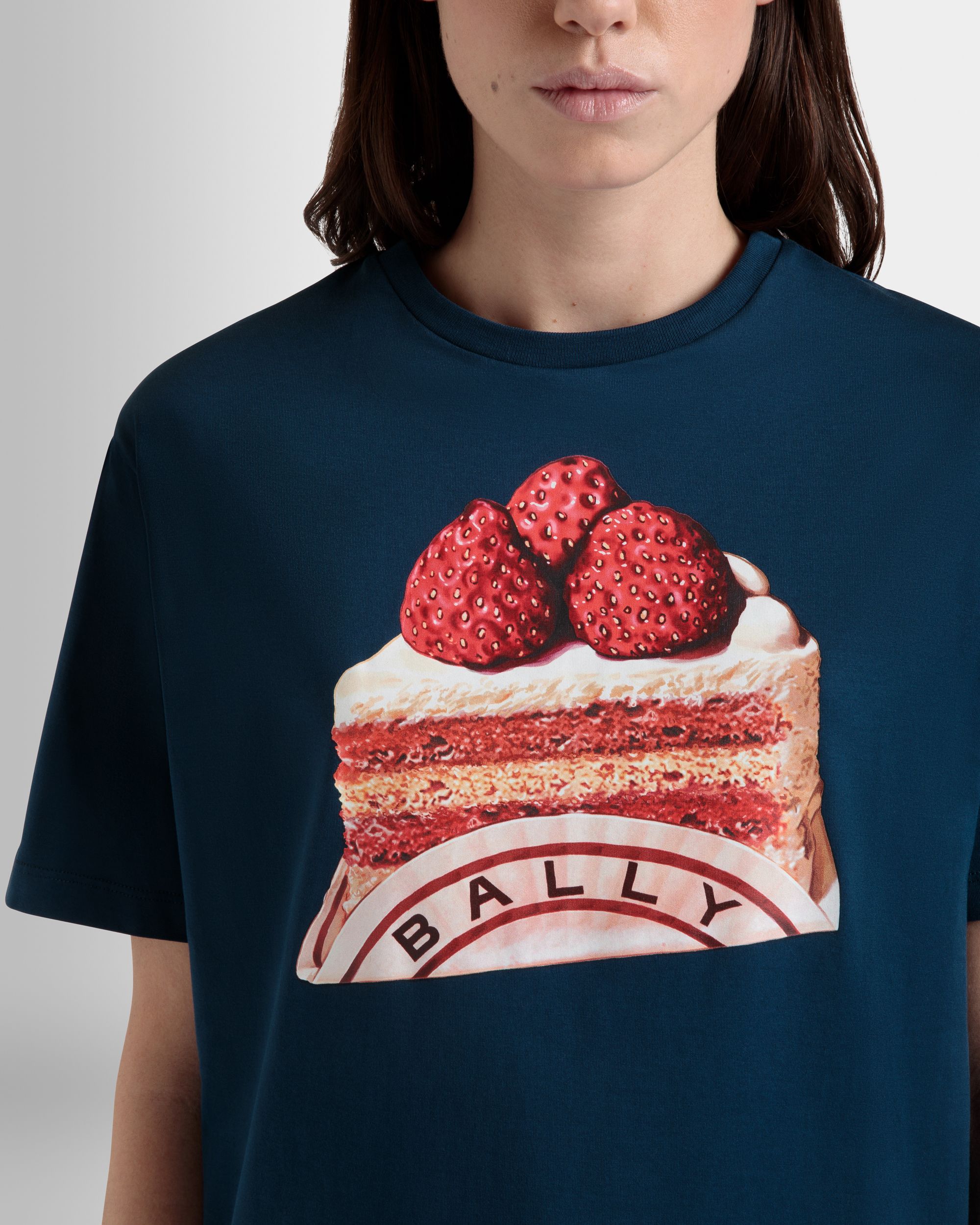 T-Shirt in Navy Blue Cotton With a Bally Cake Print - Women's - Bally - 03