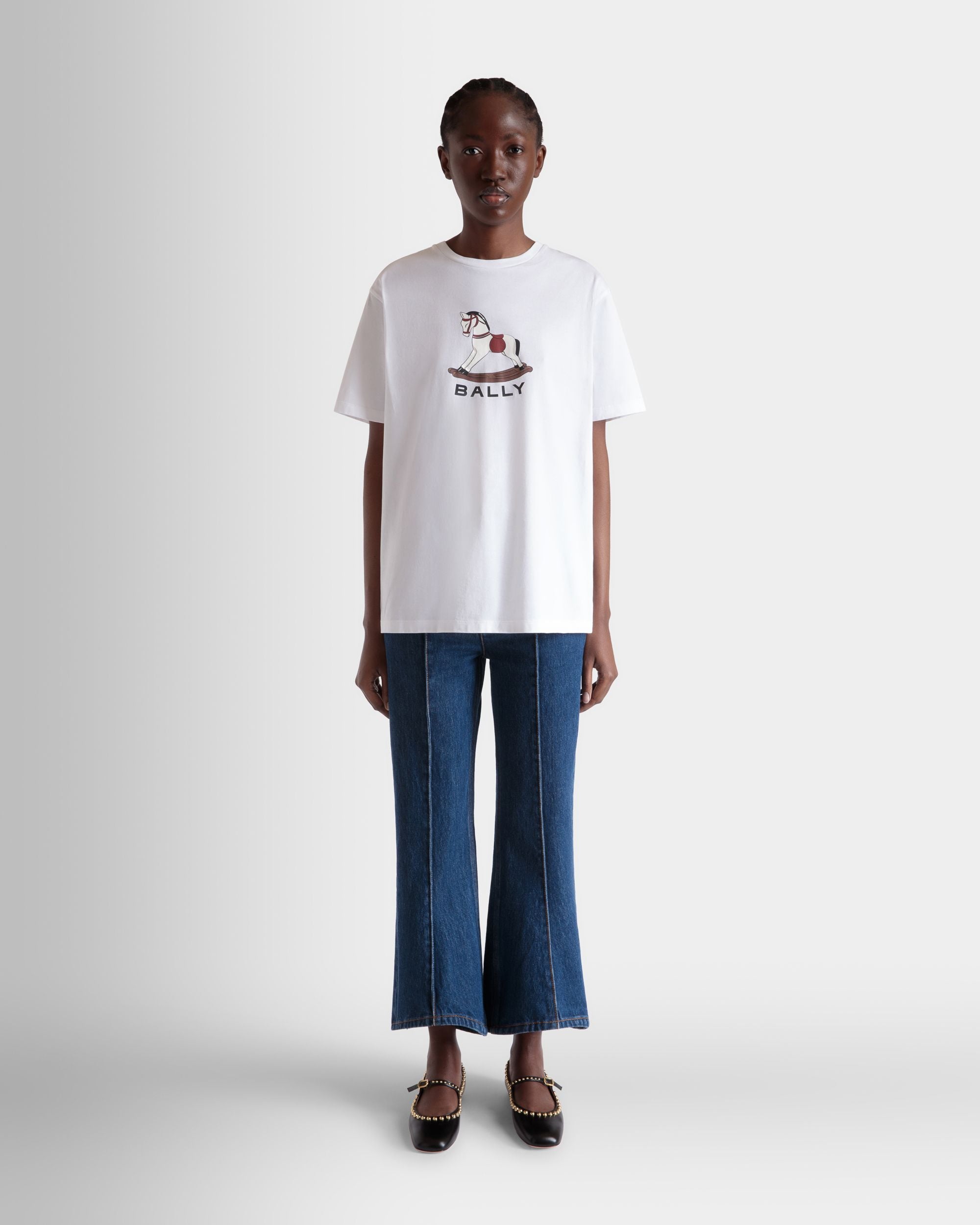 T-Shirt with a Beni Bischof Rocking Horse Print in White Cotton - Women's - Bally - 02