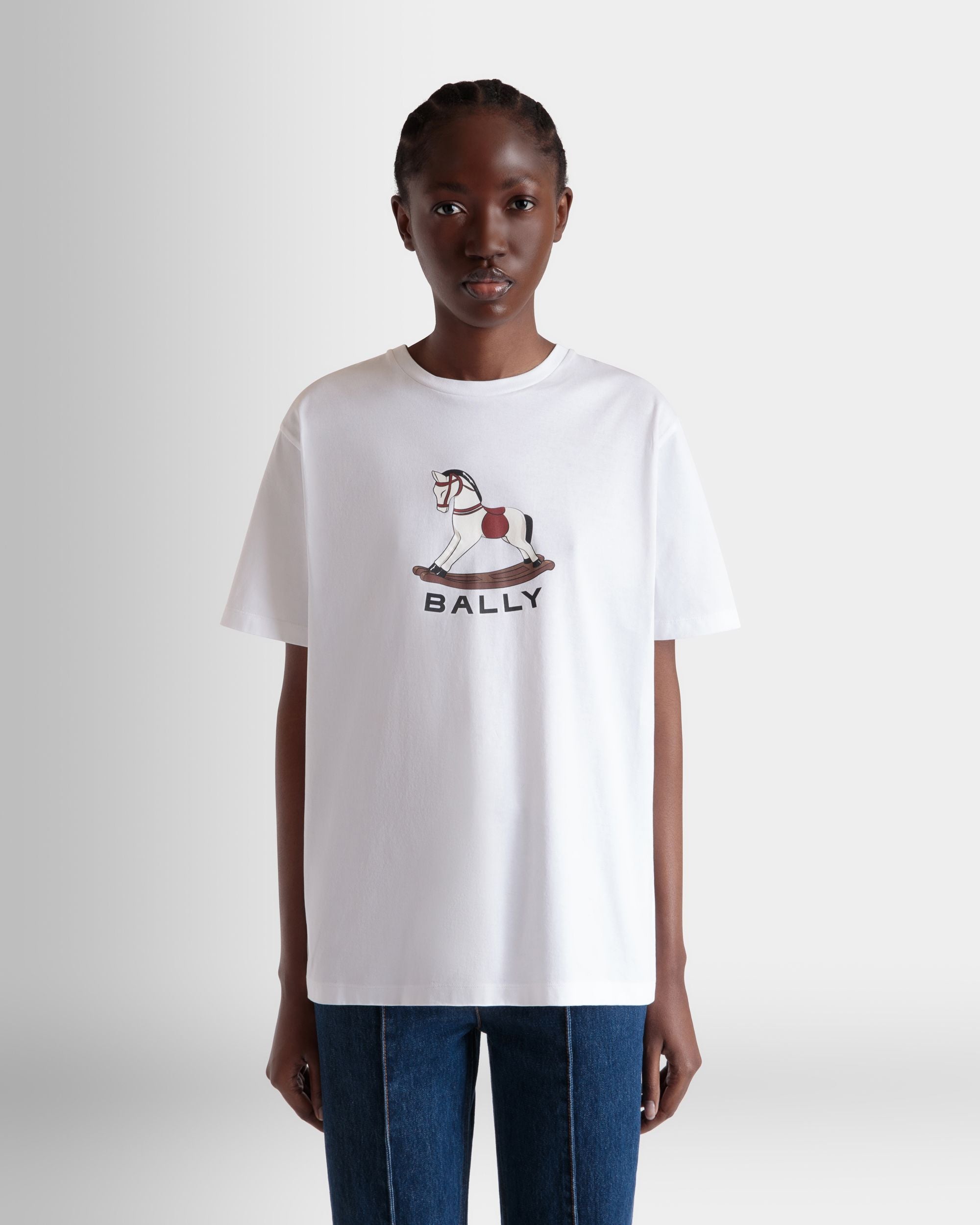 T-Shirt with a Beni Bischof Rocking Horse Print in White Cotton - Women's - Bally - 08