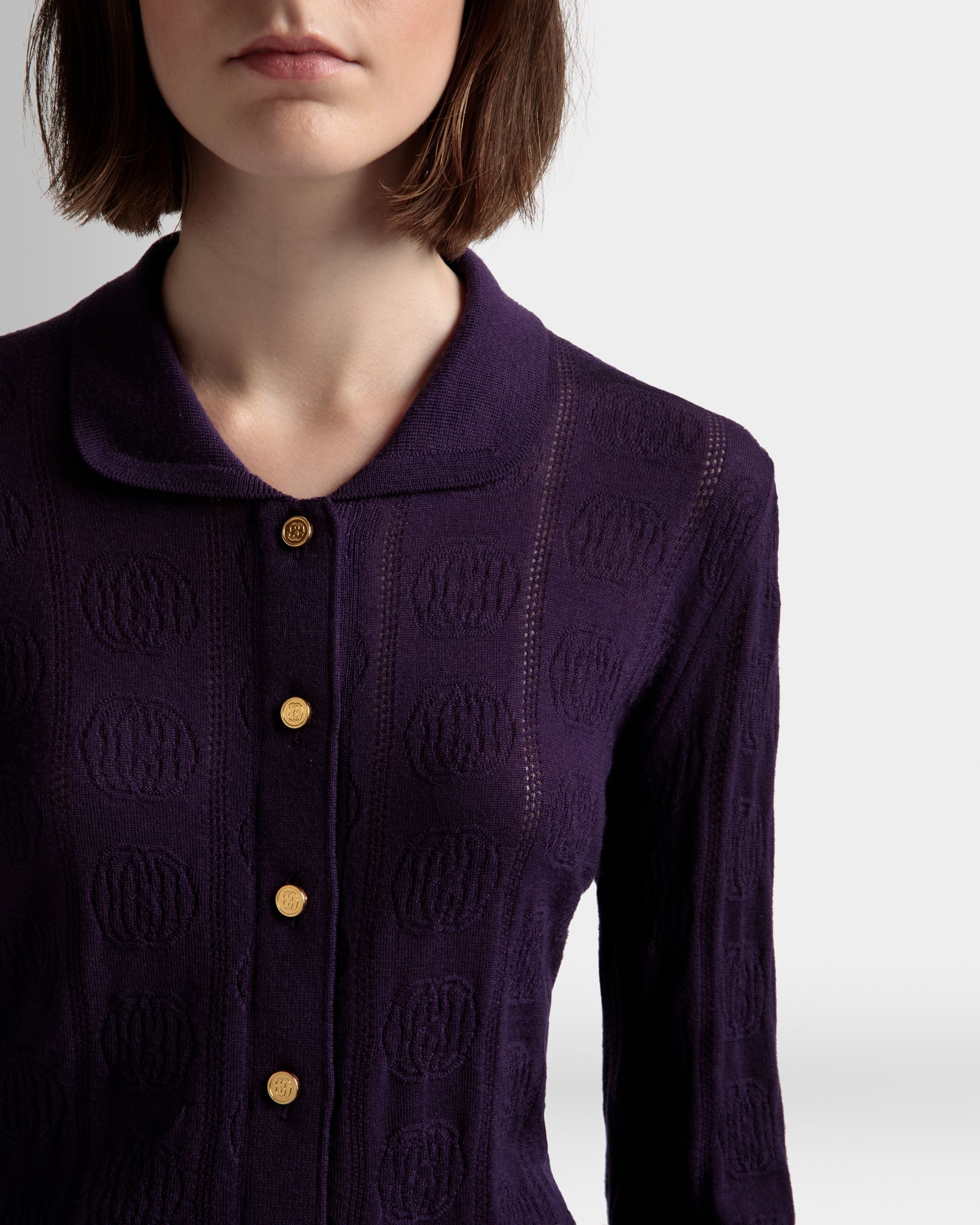 Knit Detail Long Sleeve Polo In Orchid Wool - Women's - Bally - 04