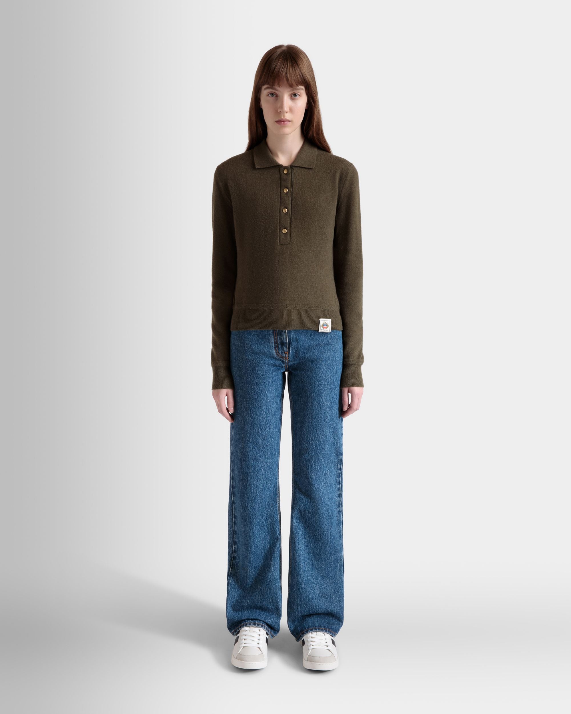 Knit Polo In Military Green Cashmere - Women's - Bally - 02