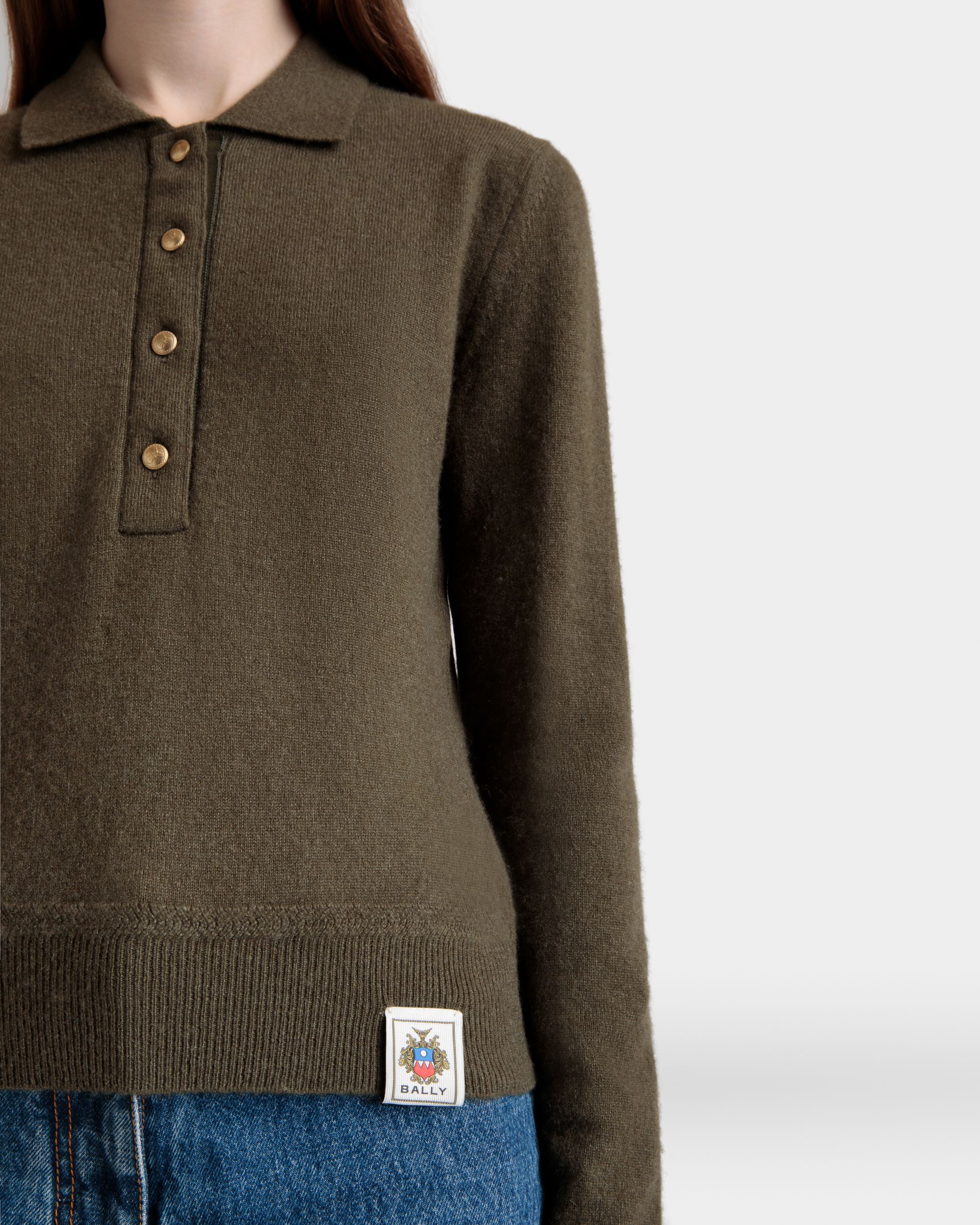 Knit Polo In Military Green Cashmere - Women's - Bally - 04