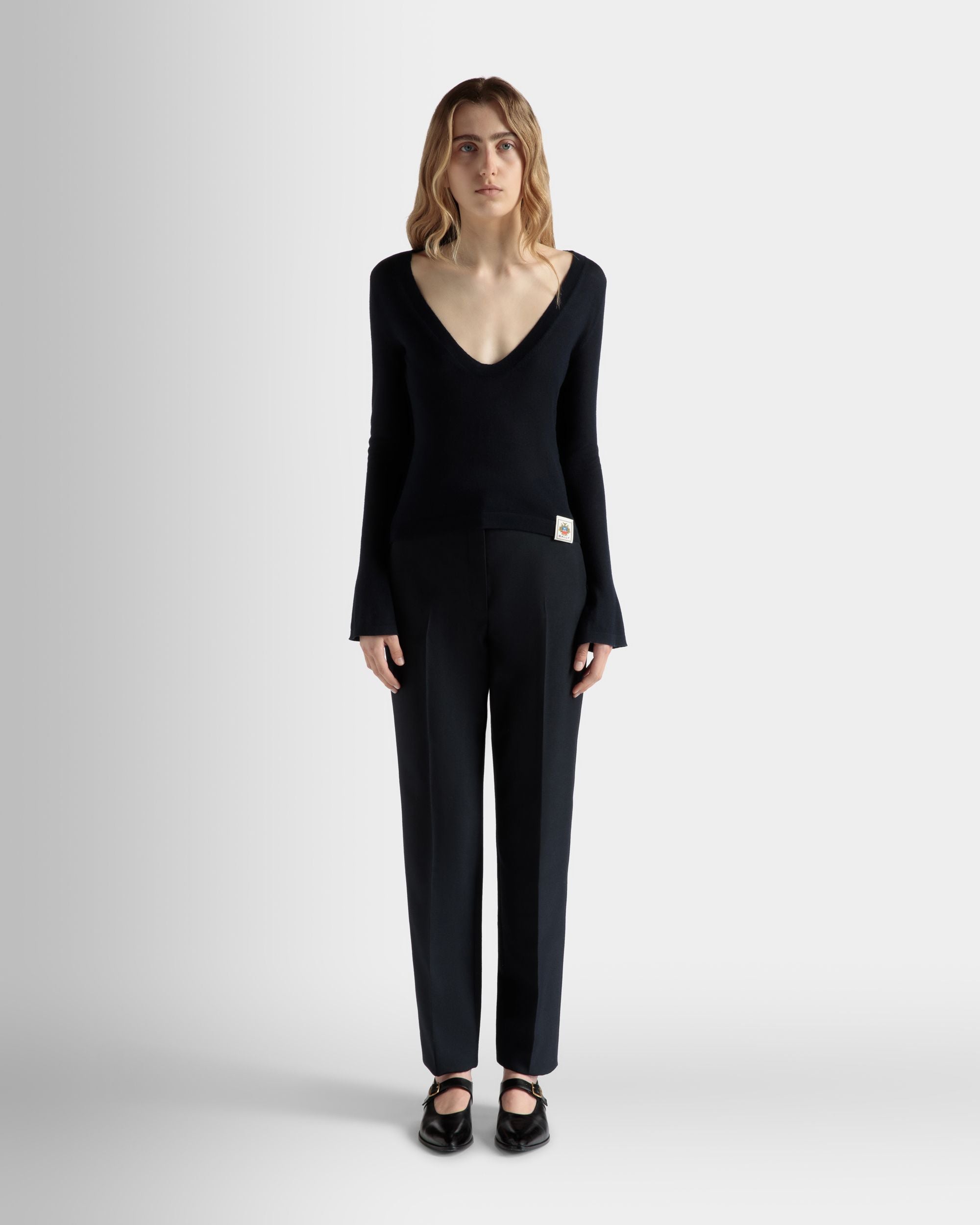V-Neck Knit Top in Navy Blue Cashmere - Women's - Bally - 02