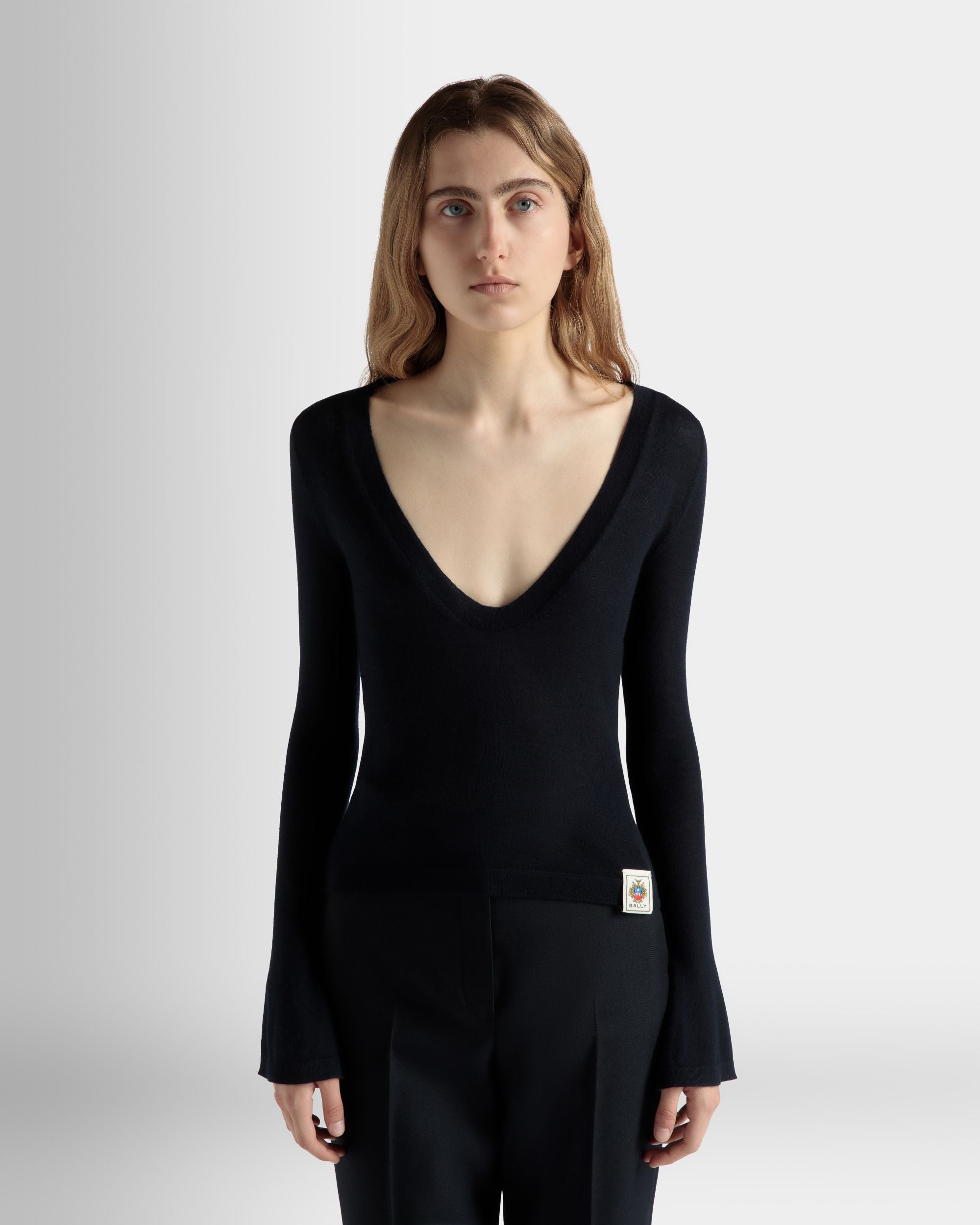 V-Neck Knit Top in Navy Blue Cashmere - Women's - Bally - 03