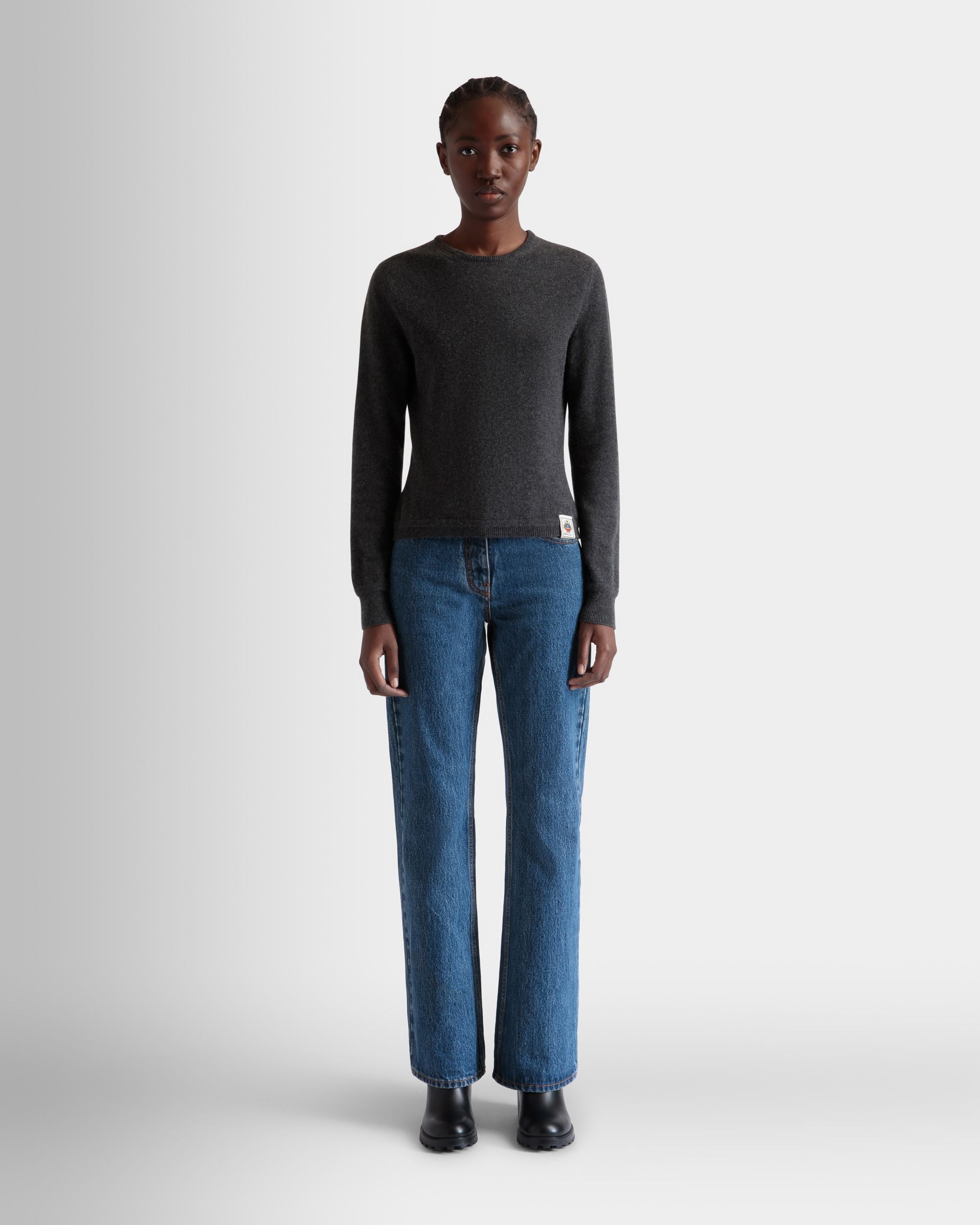 Long Sleeve Knit Top In Dark Grey Cashmere - Women's - Bally - 02