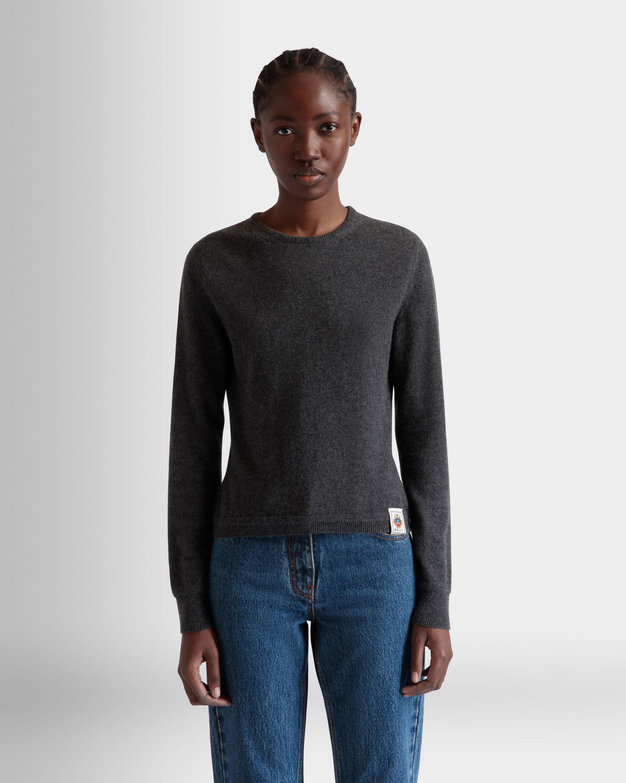 Long Sleeve Knit Top In Dark Grey Cashmere - Women's - Bally - 03