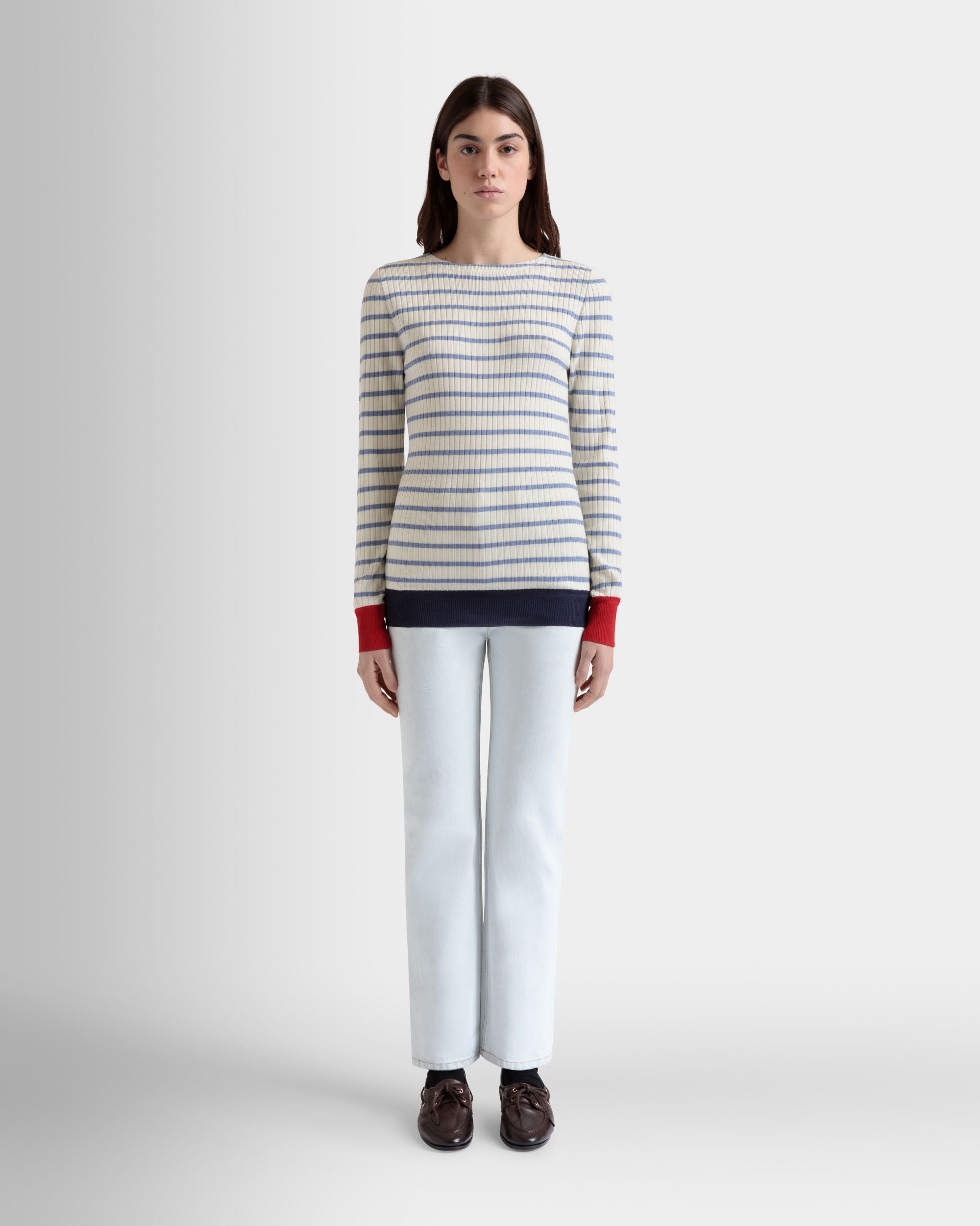 Long Sleeve Top in an Ivory And Light Blue Wool Blend - Women's - Bally - 02