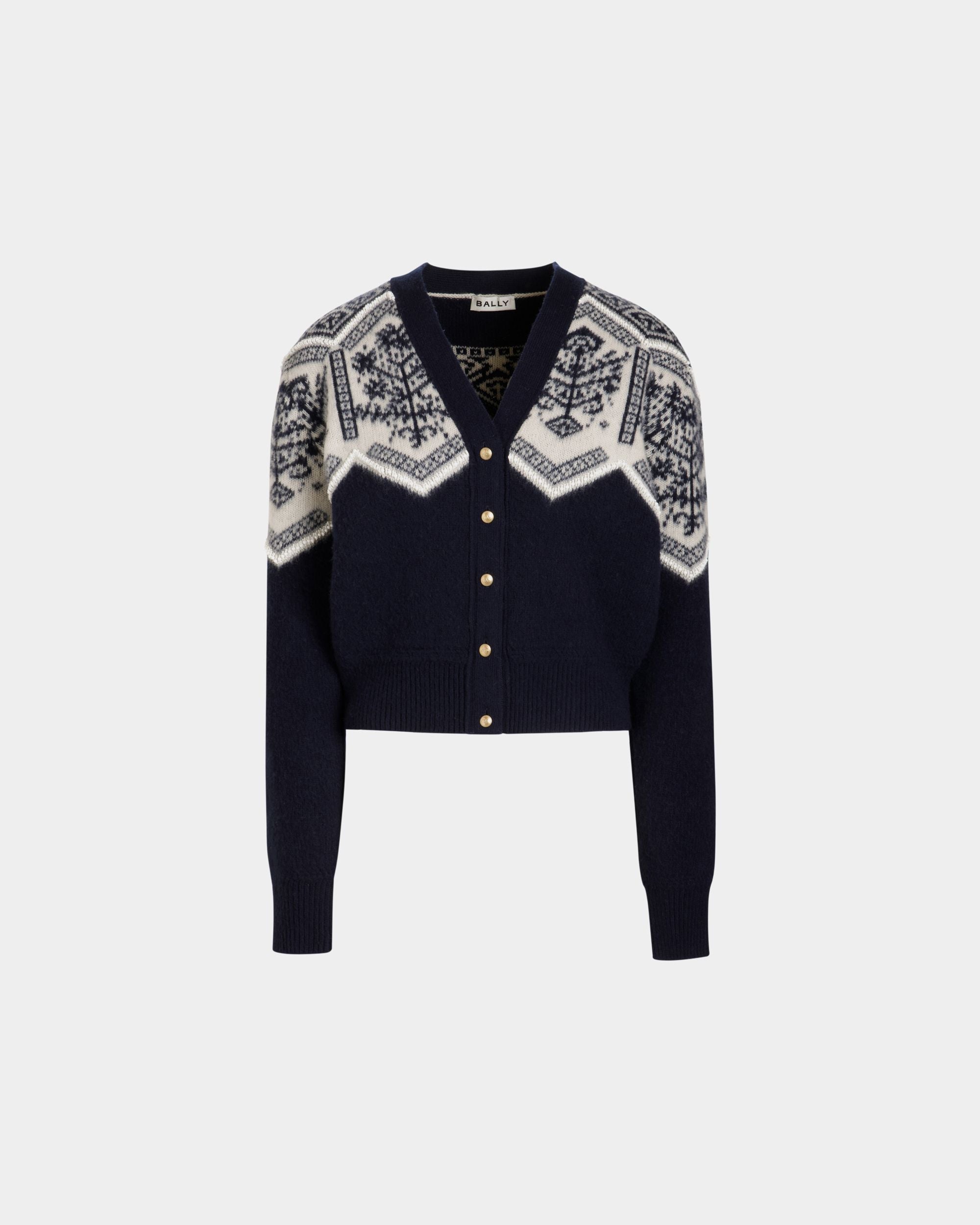 Winter Capsule Cardigan With a Heritage Flower in Navy Blue Wool - Women's - Bally - 01