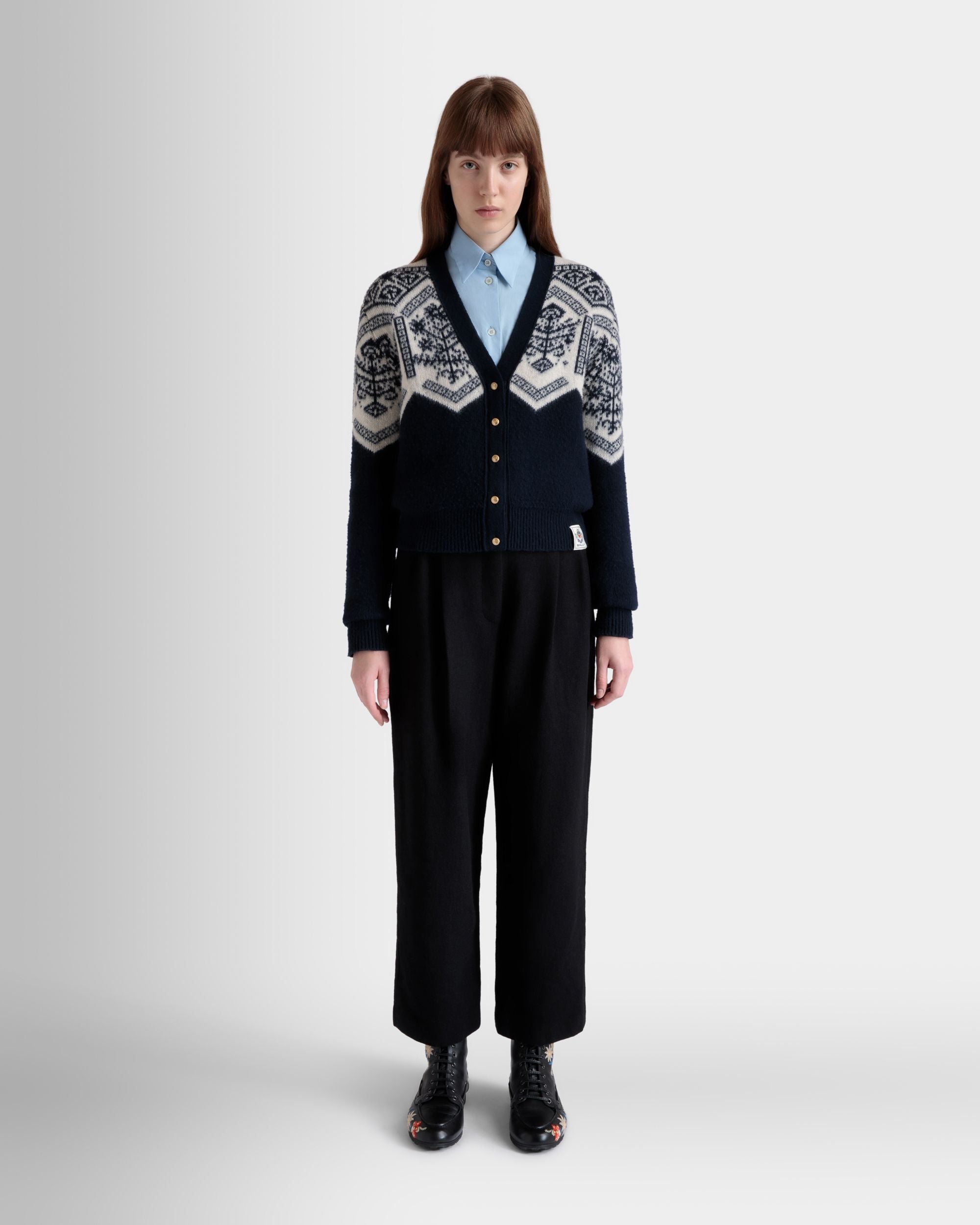 Winter Capsule Cardigan With a Heritage Flower in Navy Blue Wool - Women's - Bally - 02