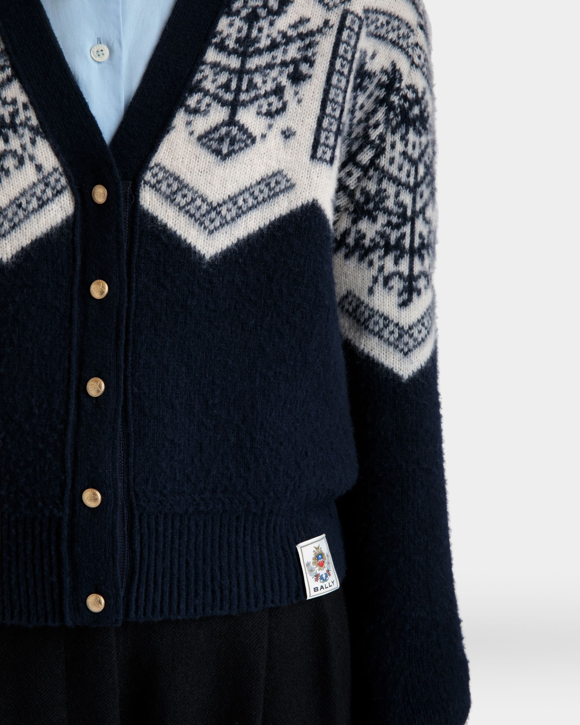 Winter Capsule Cardigan With a Heritage Flower in Navy Blue Wool - Women's - Bally - 03