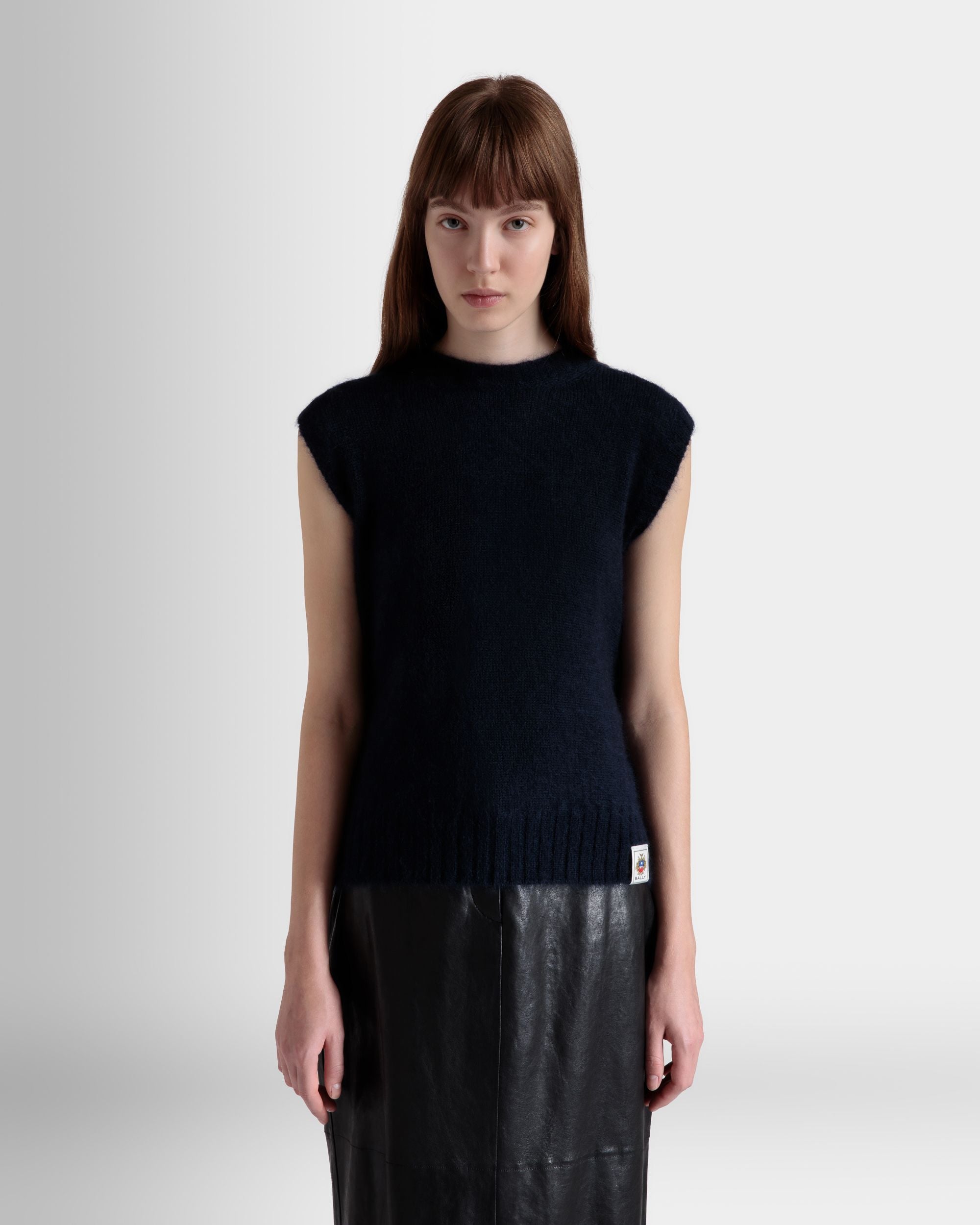 Knit Vest In Navy Blue And Praline Beige Mohair And Silk - Women's - Bally - 03