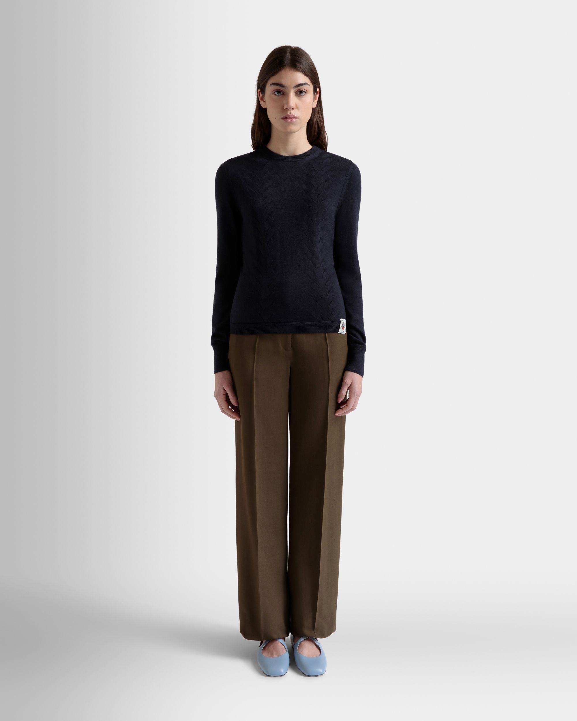 Long Sleeve Top in Navy Blue Cashmere And Silk - Women's - Bally - 02
