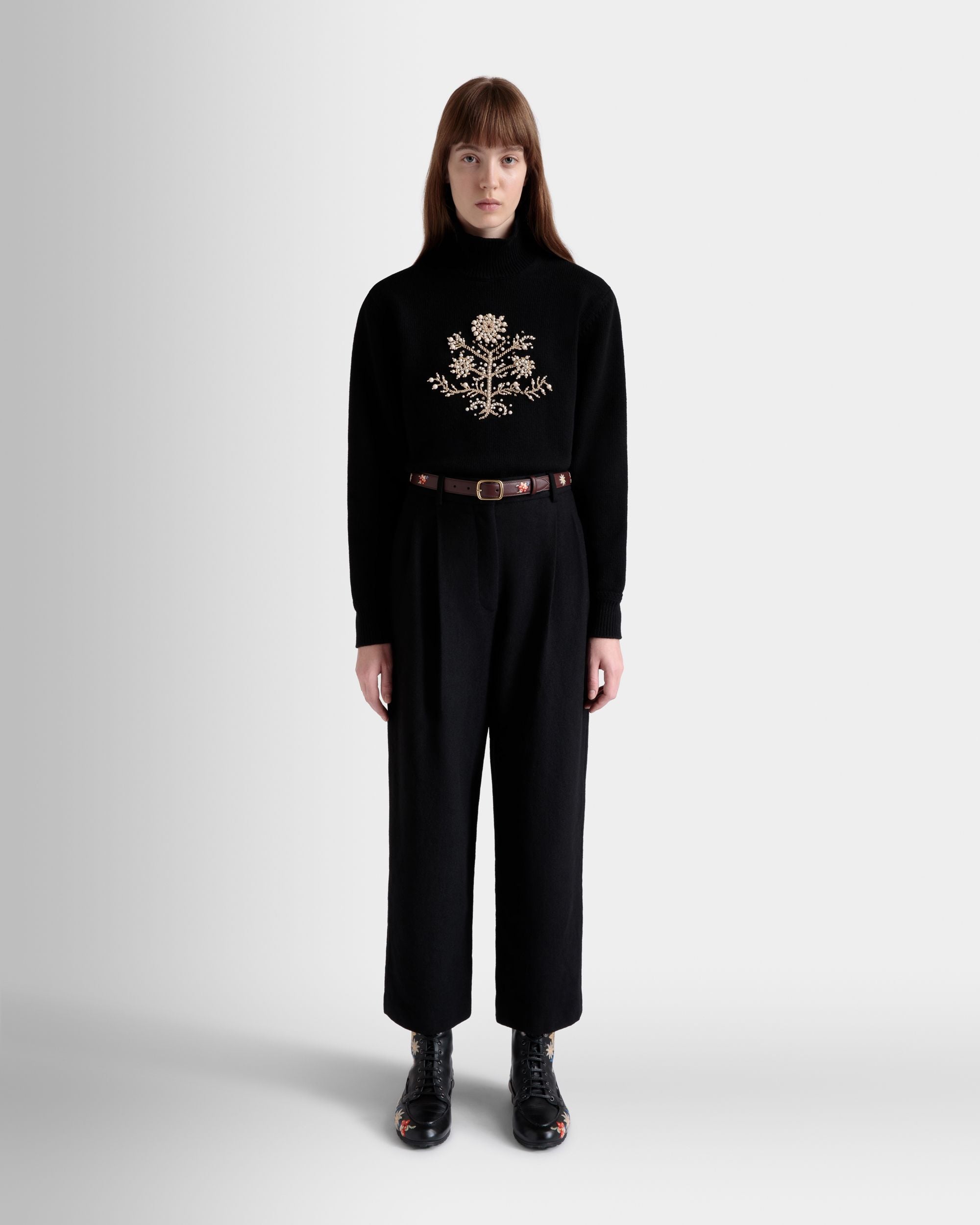 Winter Capsule Turtleneck Sweater with a Heritage Flower in Black Wool - Women's - Bally - 02