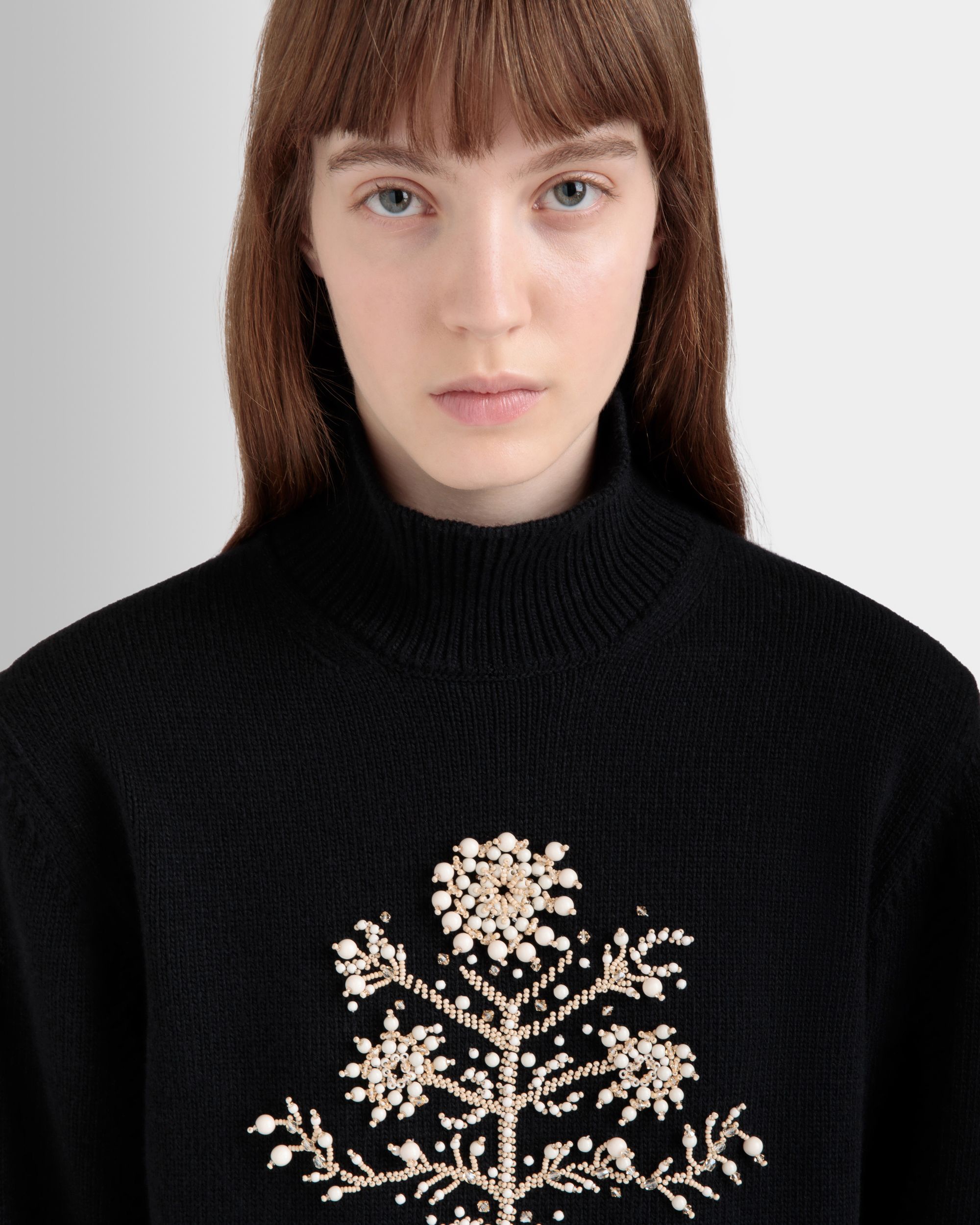 Winter Capsule Turtleneck Sweater with a Heritage Flower in Black Wool - Women's - Bally - 03