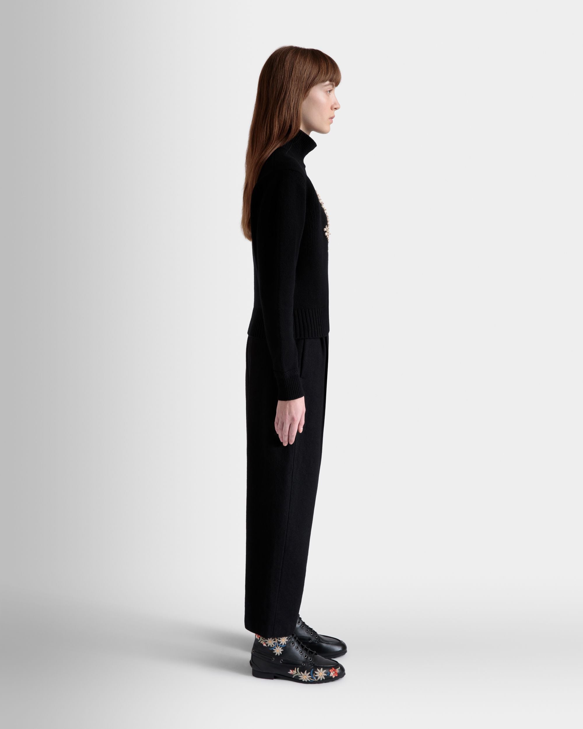 Winter Capsule Turtleneck Sweater with a Heritage Flower in Black Wool - Women's - Bally - 04