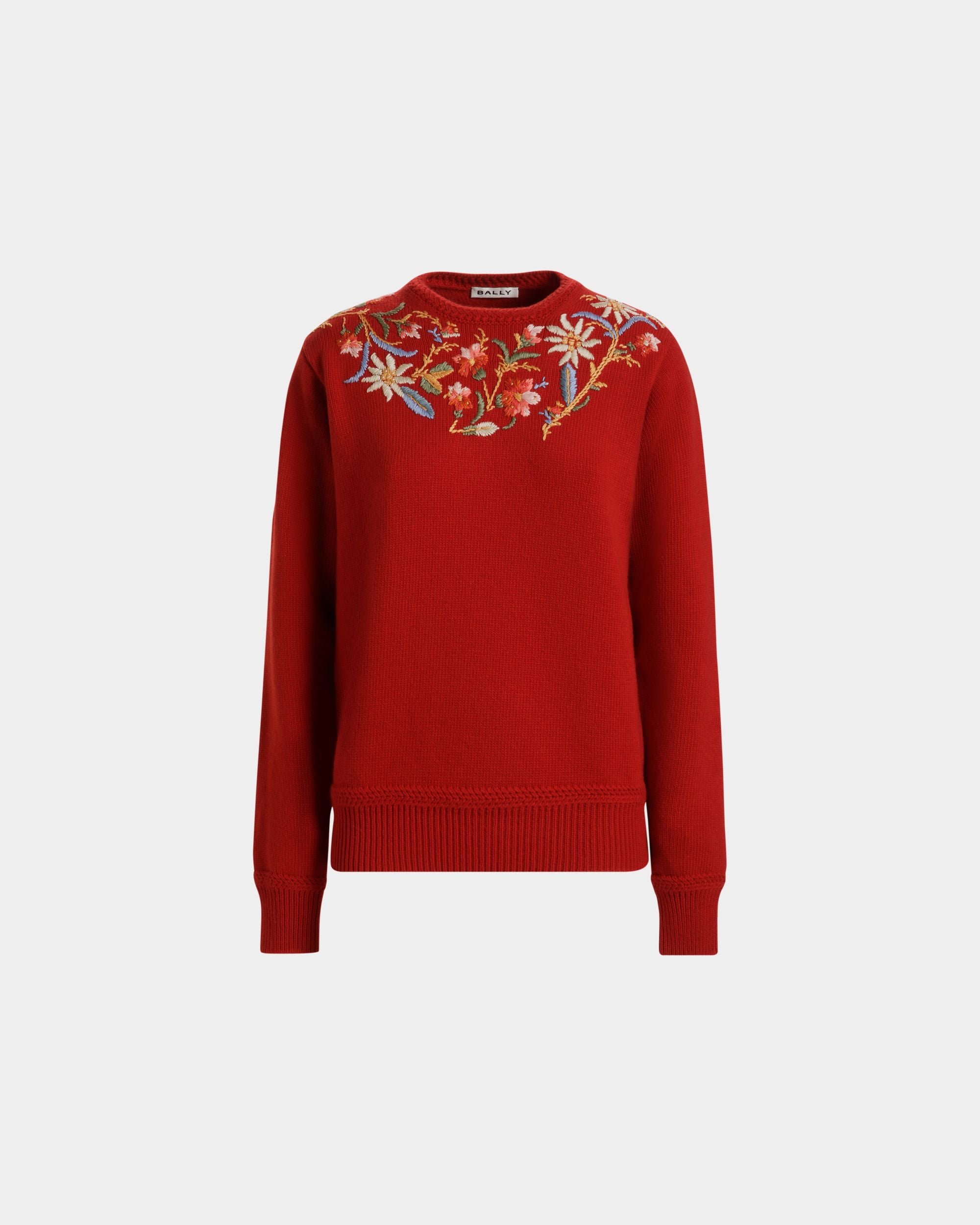 Winter Capsule Crewneck Sweater With Alpine Flowers in Red Wool - Women's - Bally - 01