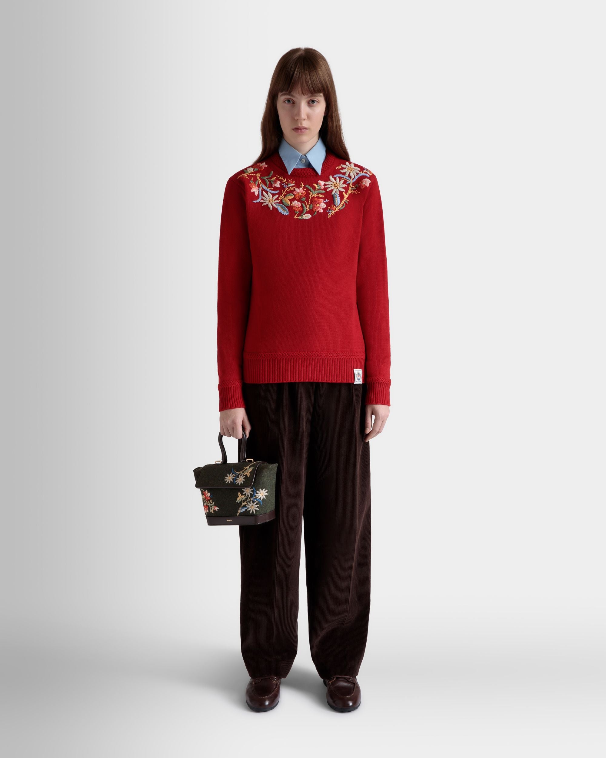 Winter Capsule Crewneck Sweater With Alpine Flowers in Red Wool - Women's - Bally - 02