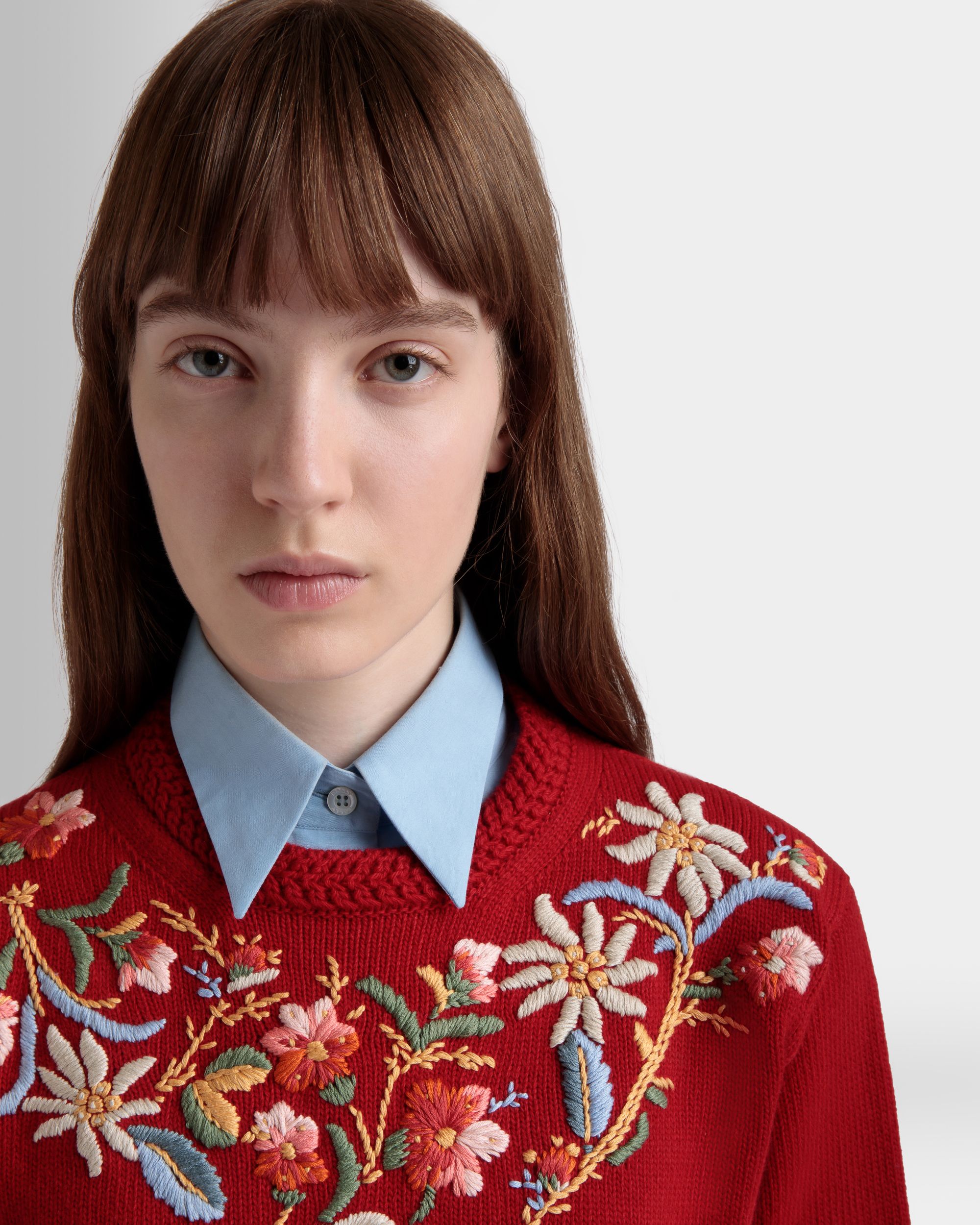 Winter Capsule Crewneck Sweater With Alpine Flowers in Red Wool - Women's - Bally - 03
