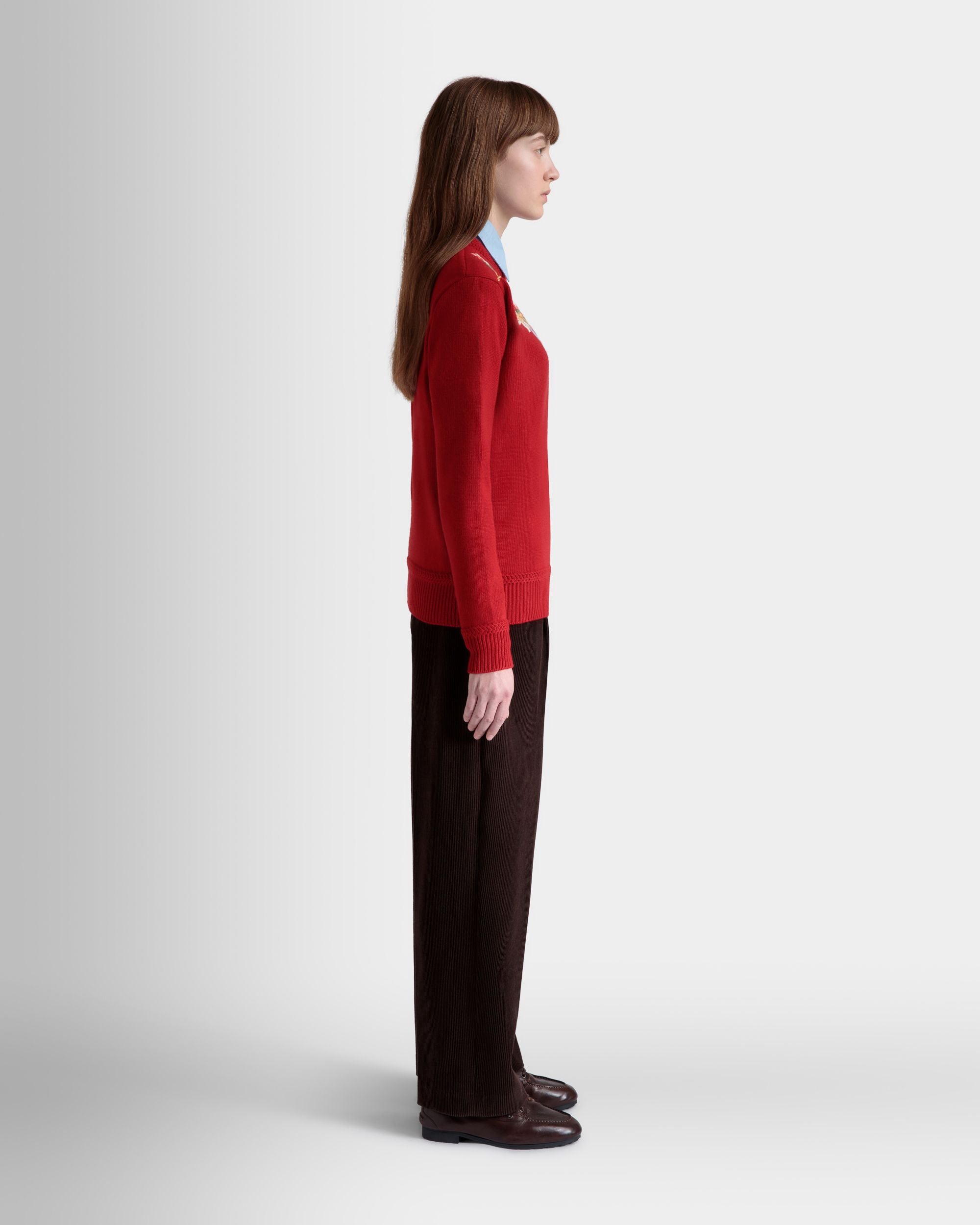 Winter Capsule Crewneck Sweater With Alpine Flowers in Red Wool - Women's - Bally - 04