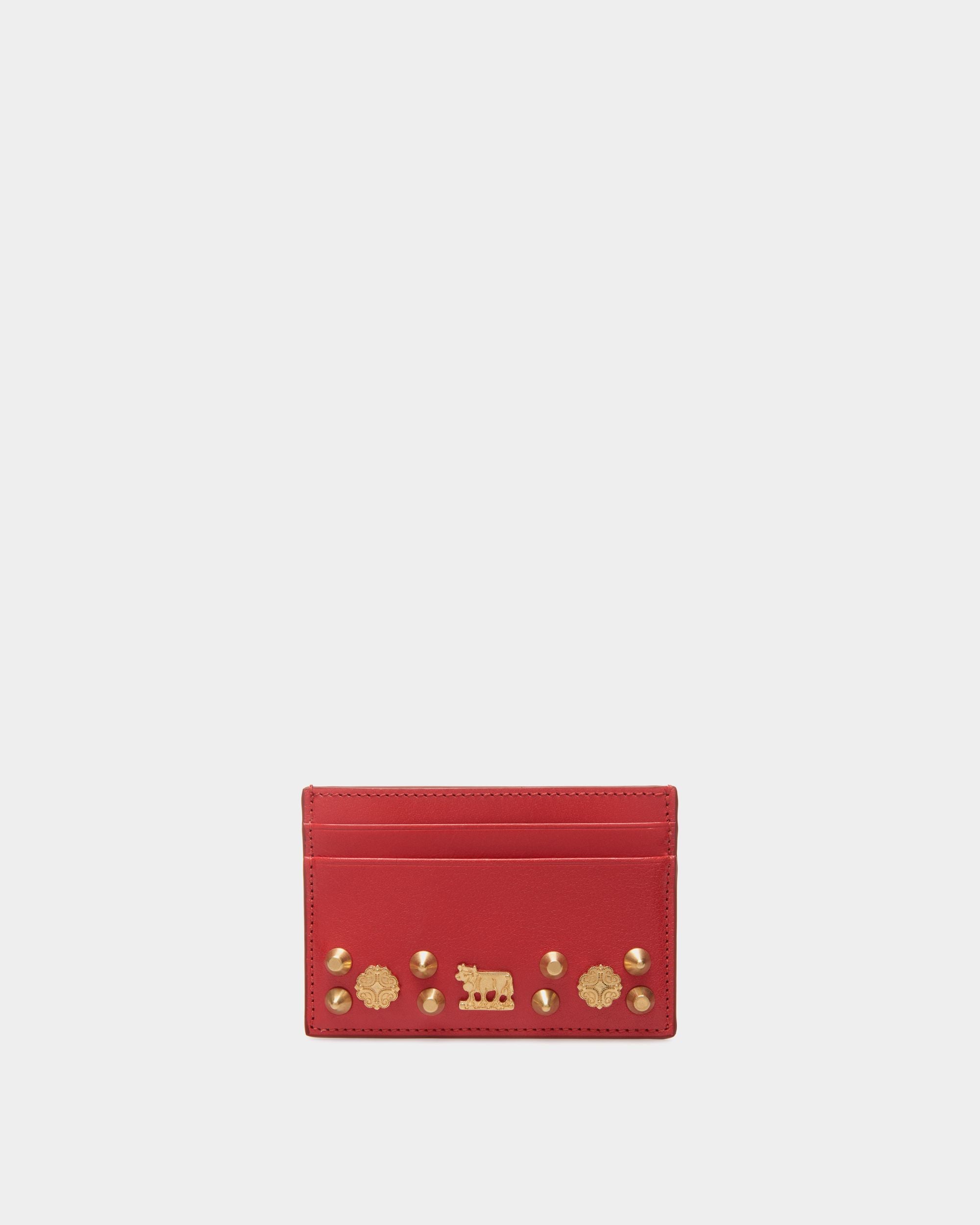 Swissness Card Holder In Red Leather with Studs - Women's - Bally - 01