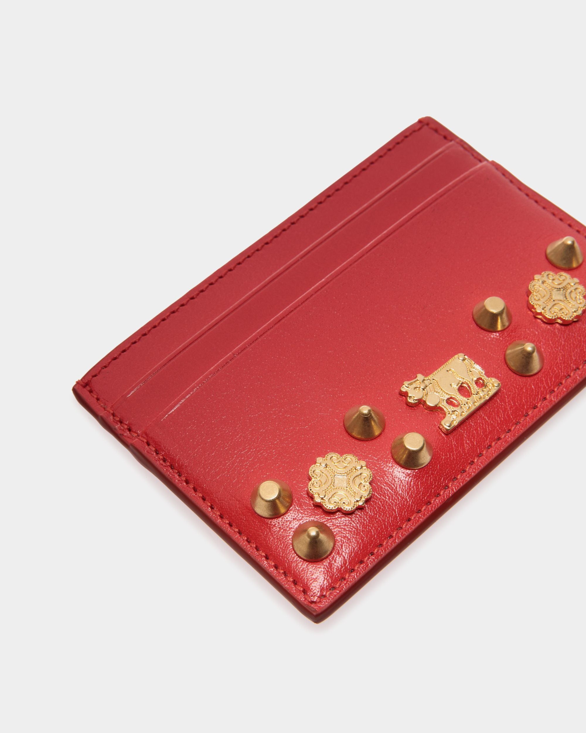Swissness Card Holder In Red Leather with Studs - Women's - Bally - 04