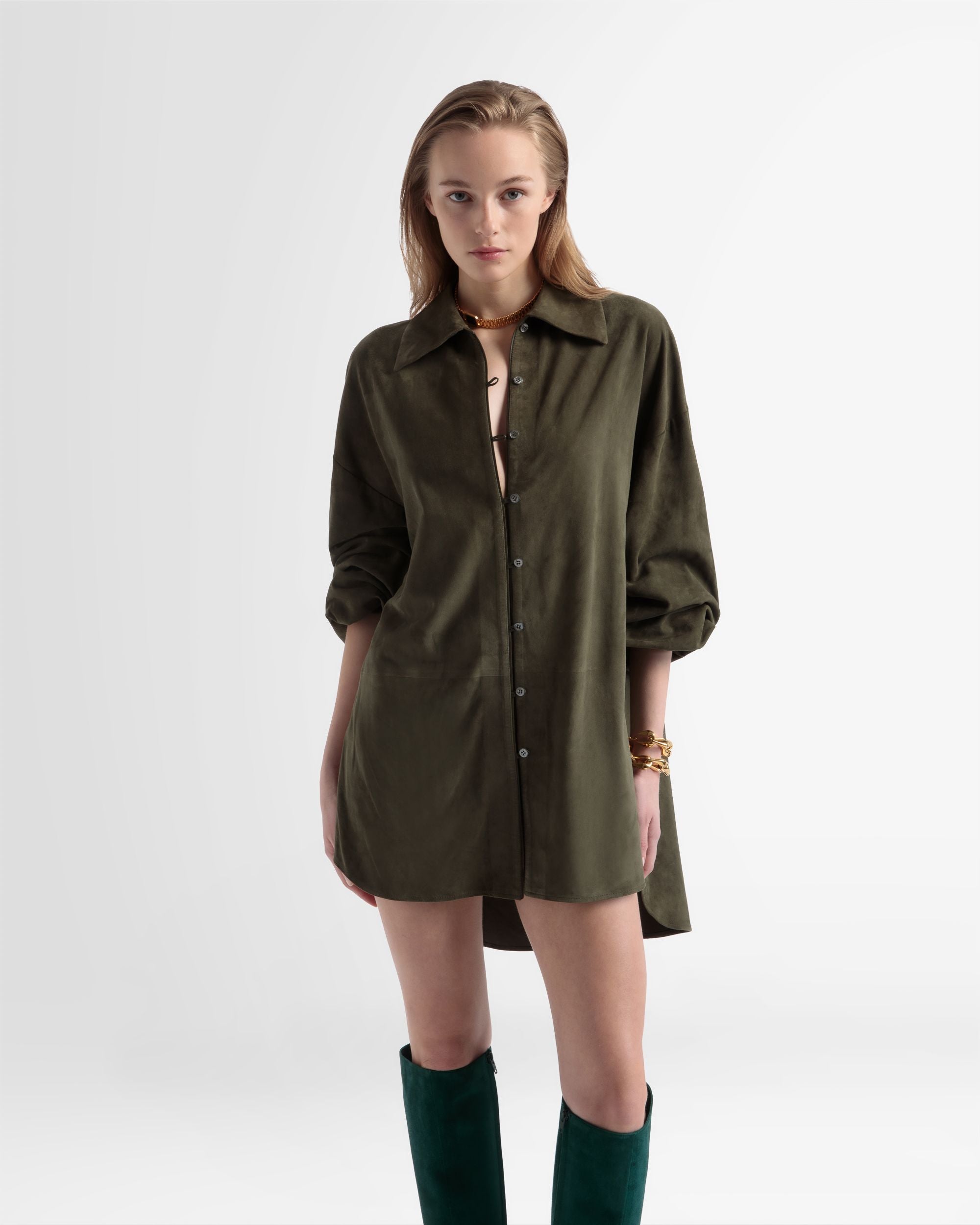 Oversized Leather Shirt In Green - Women's - Bally - 02