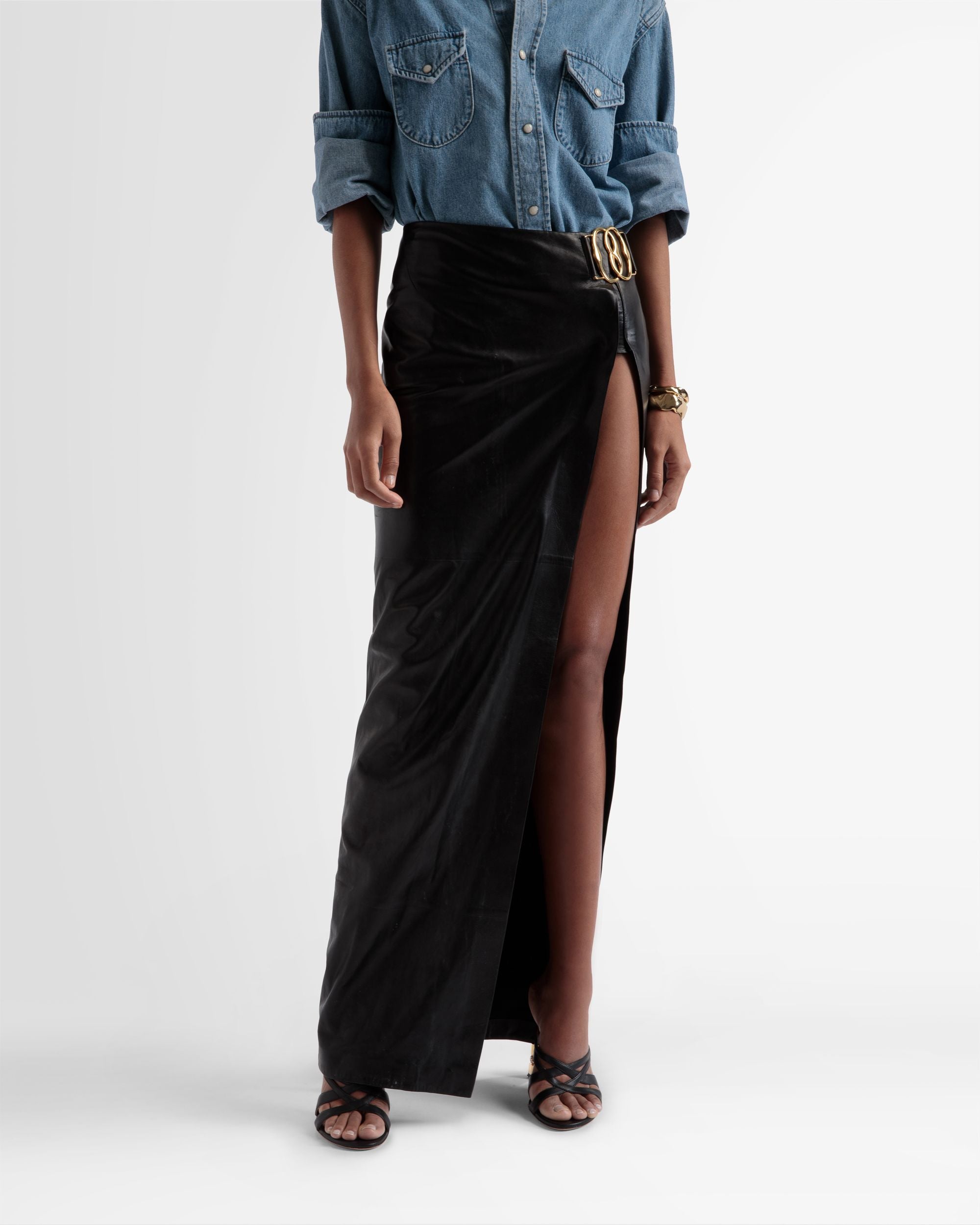 Side Split Leather Skirt In Black - Women's - Bally - 02