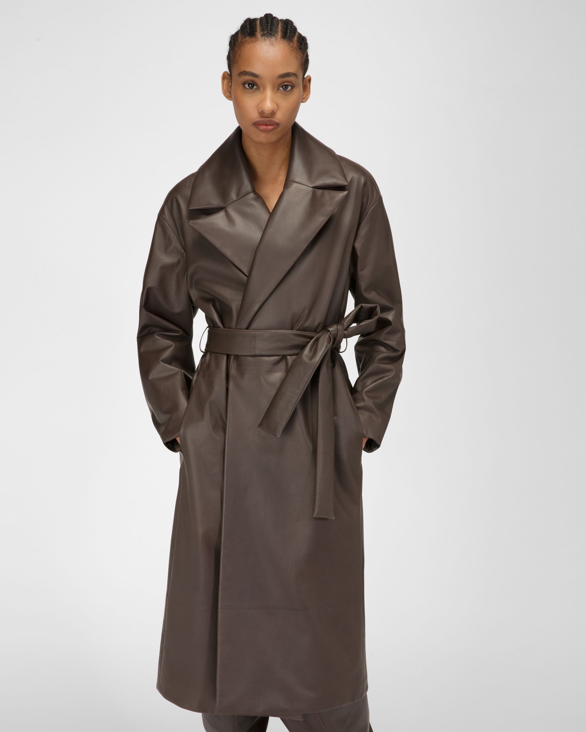 Leather Coat In Ebony Brown - Women's - Bally - 01