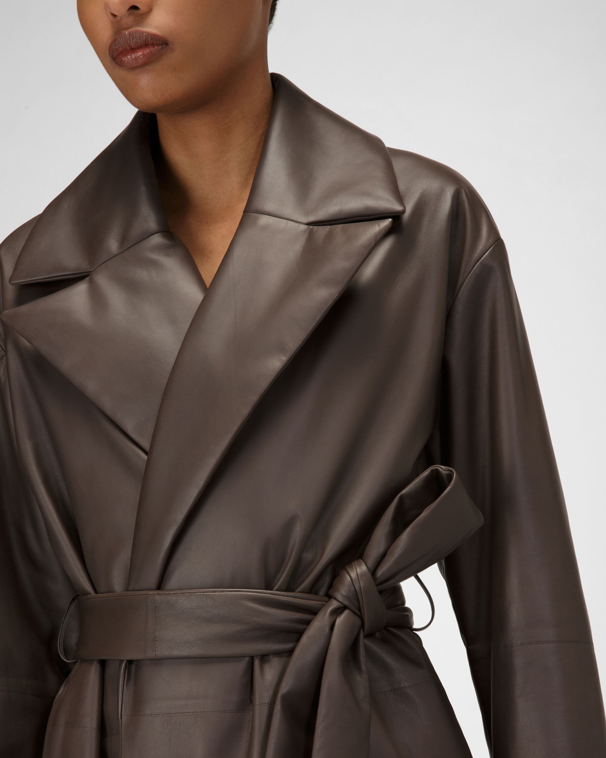 Leather Coat In Ebony Brown - Women's - Bally - 02