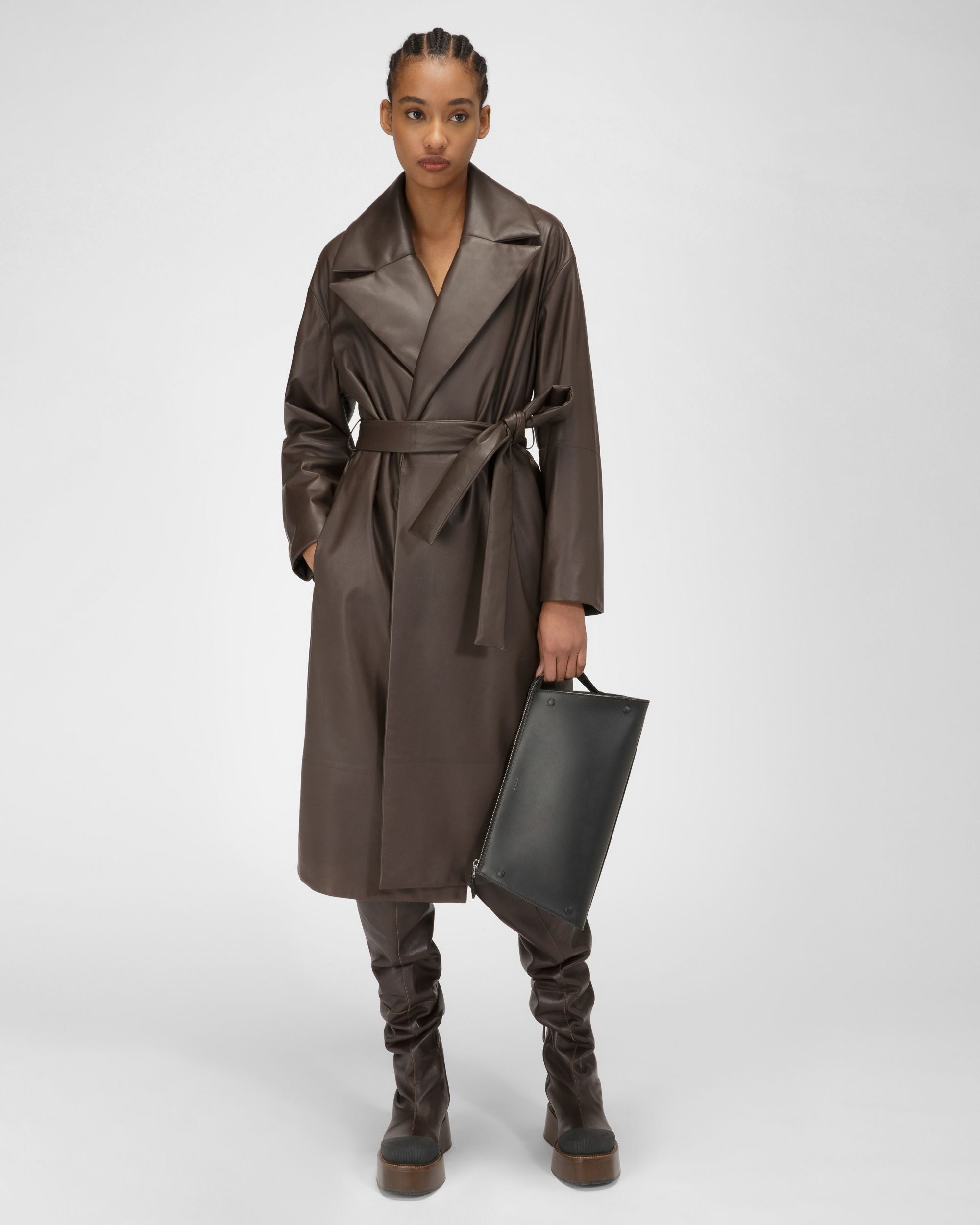 Leather Coat In Ebony Brown - Women's - Bally - 05
