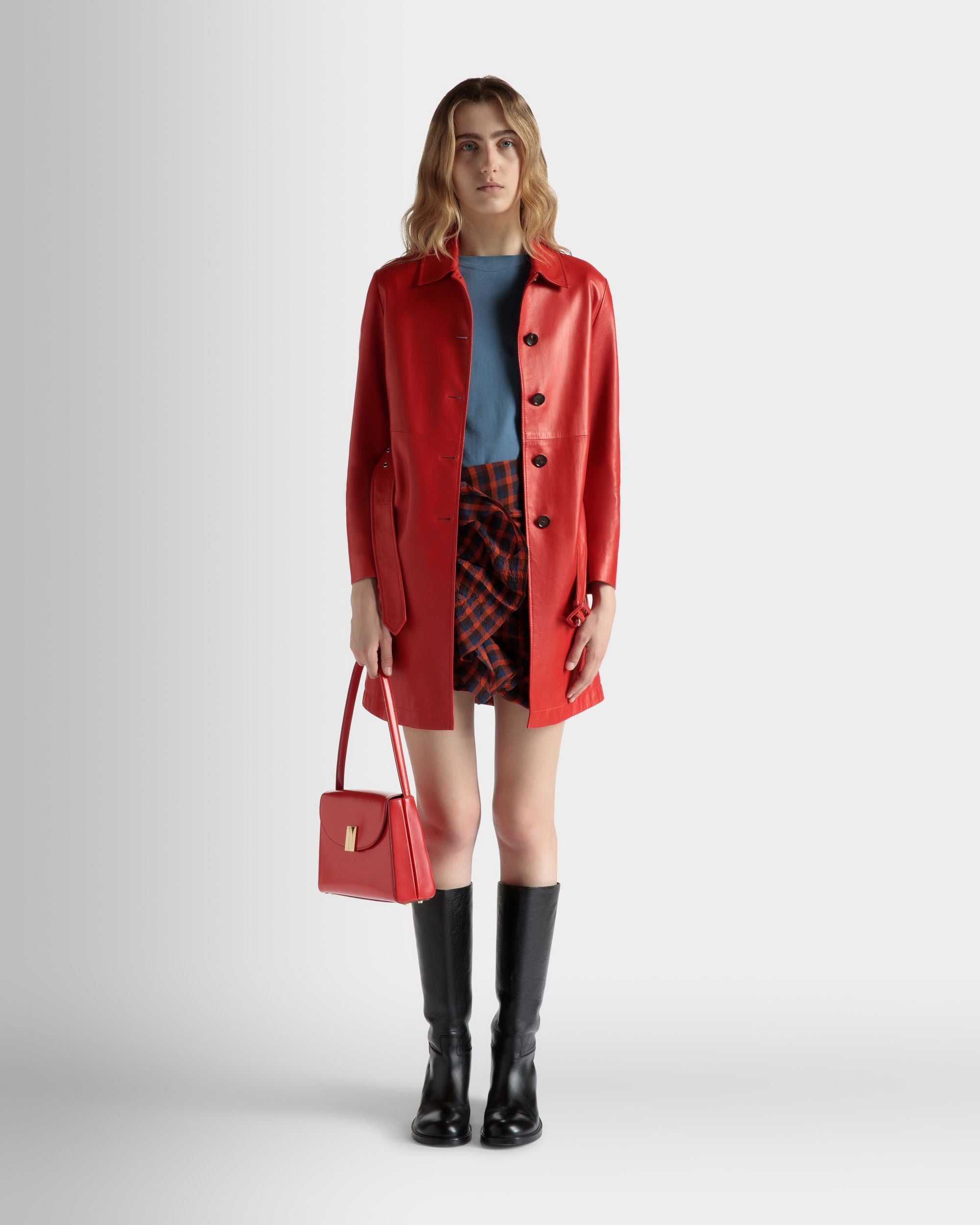 Belted Midi Coat in Candy Red Leather - Women's - Bally - 02