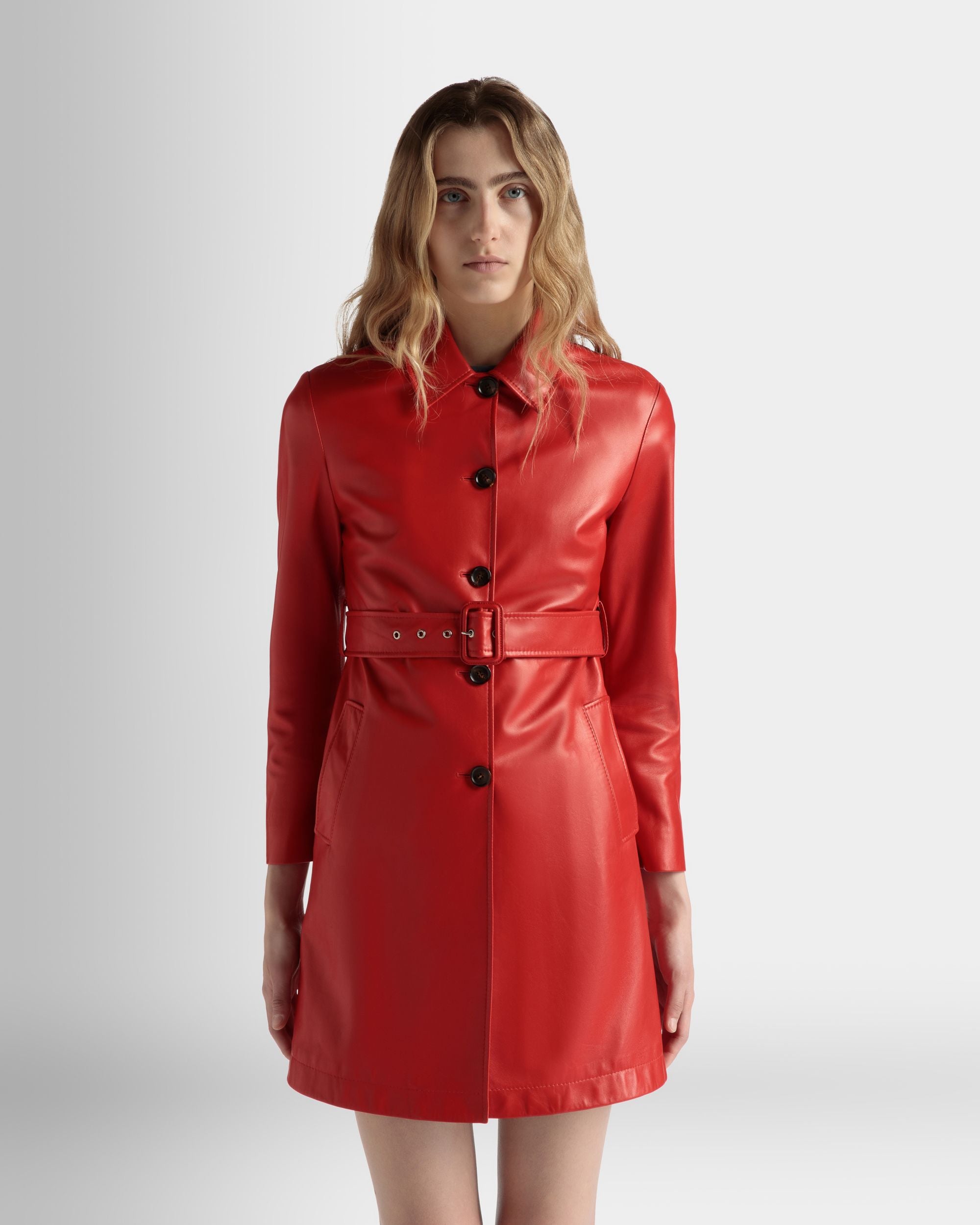 Belted Midi Coat in Candy Red Leather - Women's - Bally - 03