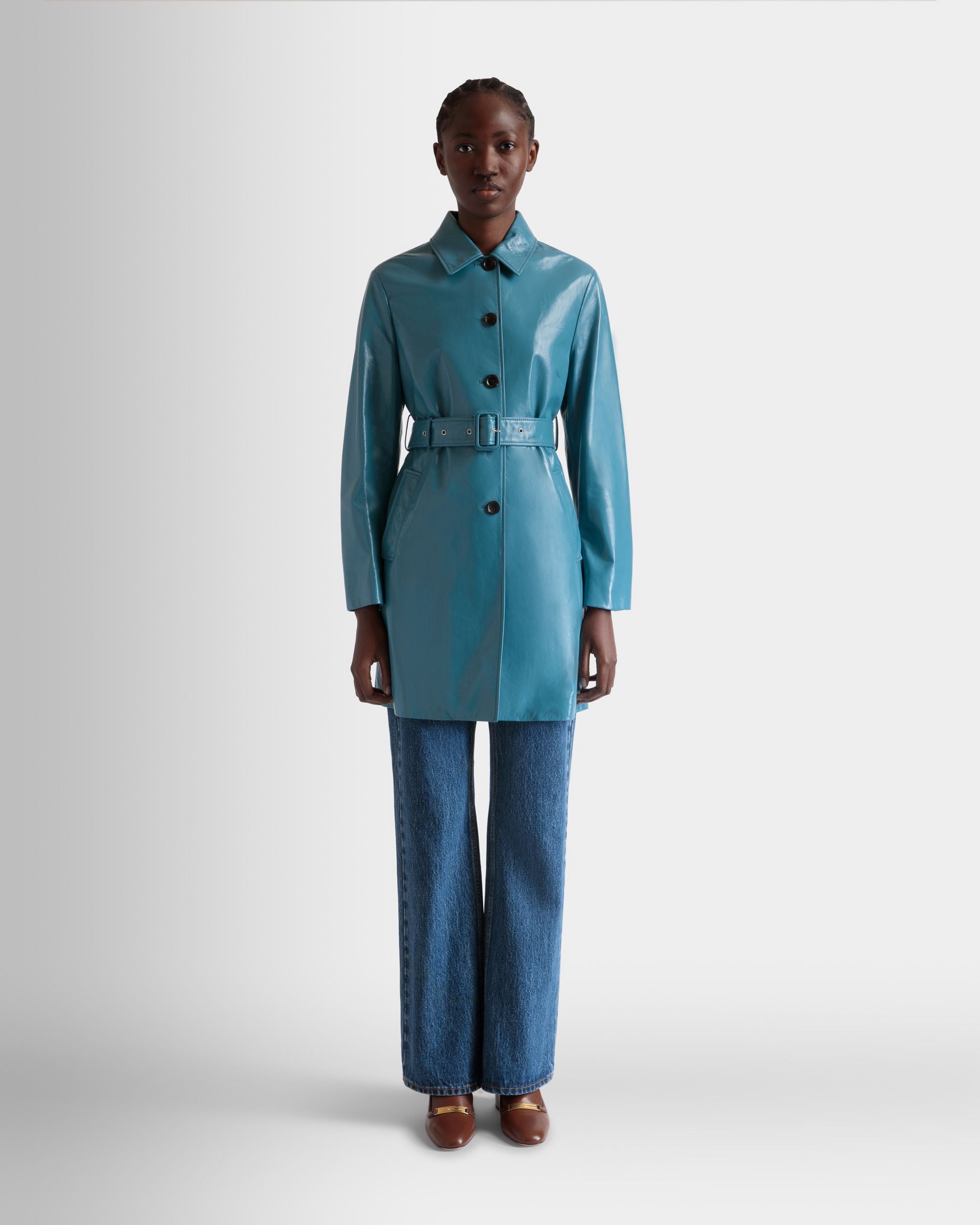 Belted Coat in Medium Blue Leather - Women's - Bally - 02
