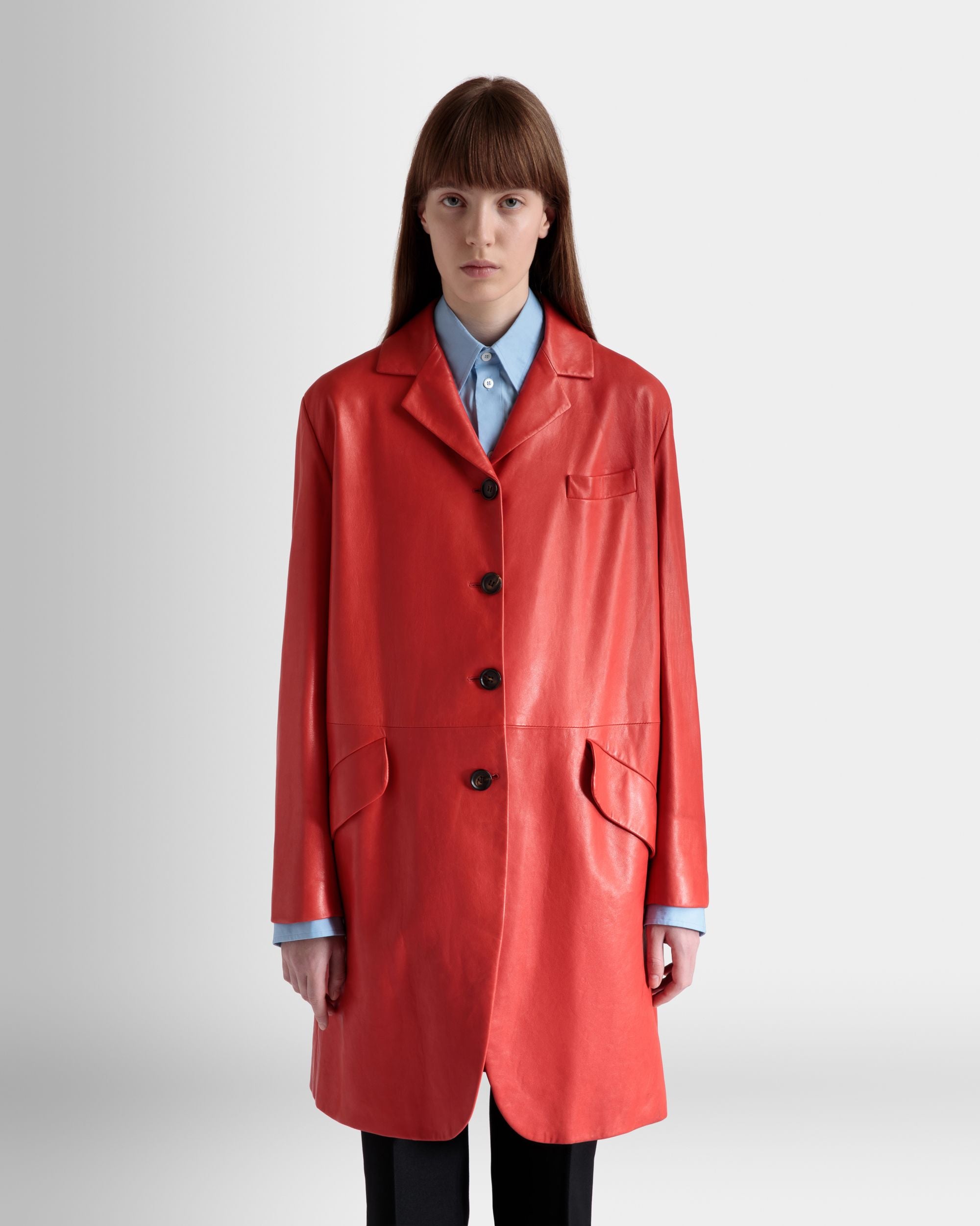 Single-Breasted Midi Coat In Candy Red Leather - Women's - Bally - 03