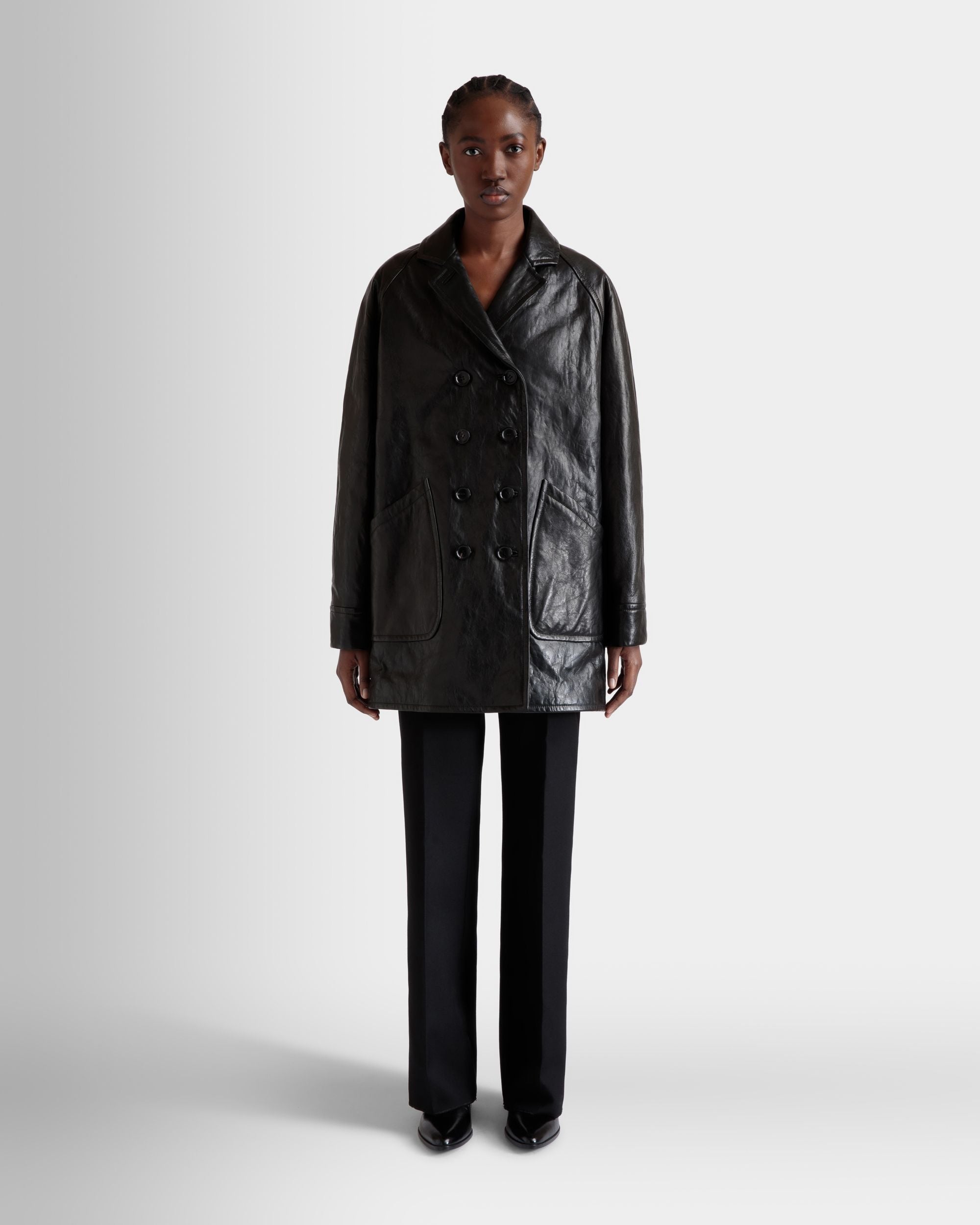 Double-Breasted Midi Coat In Black Leather - Women's - Bally - 02