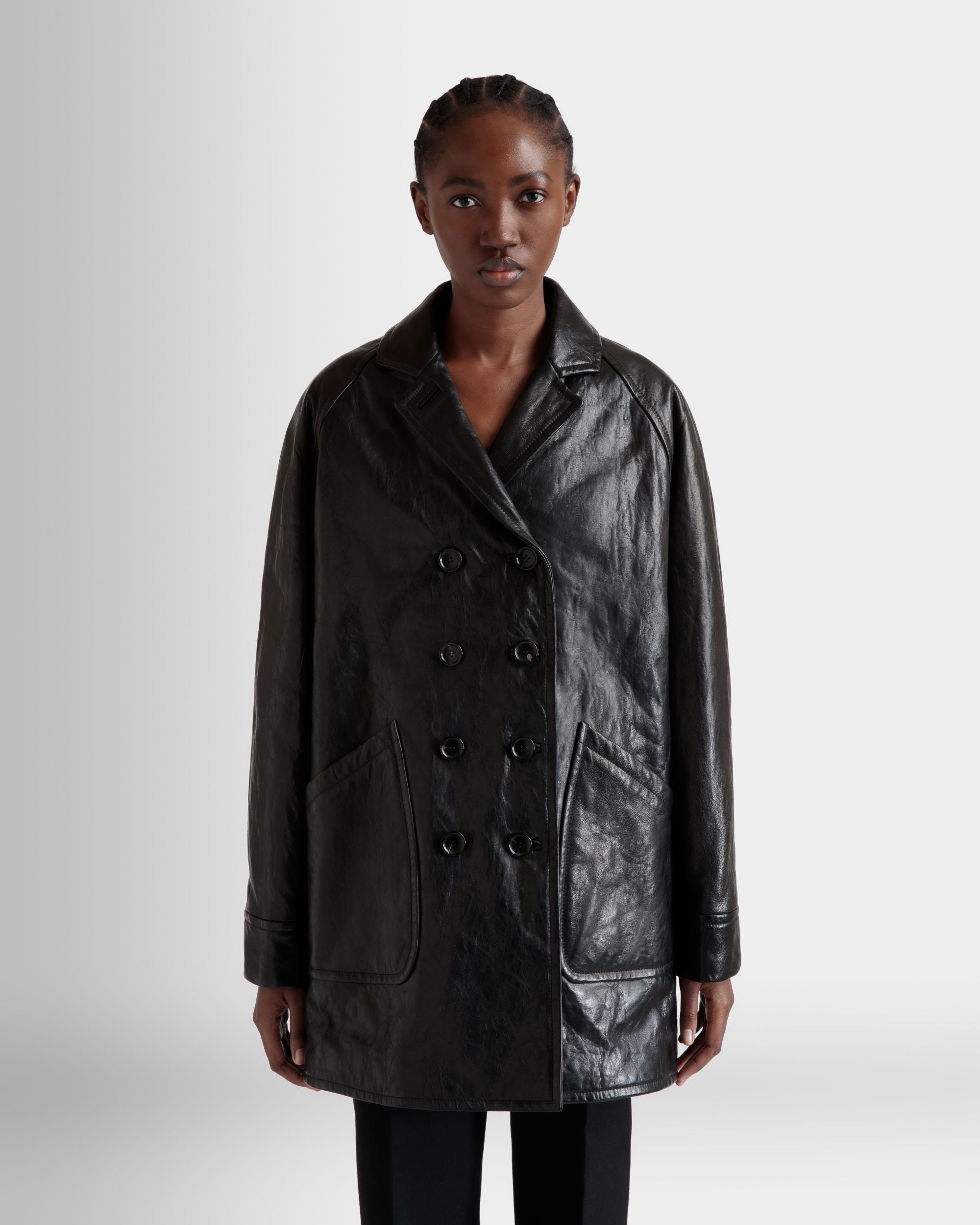 Double-Breasted Midi Coat In Black Leather - Women's - Bally - 03