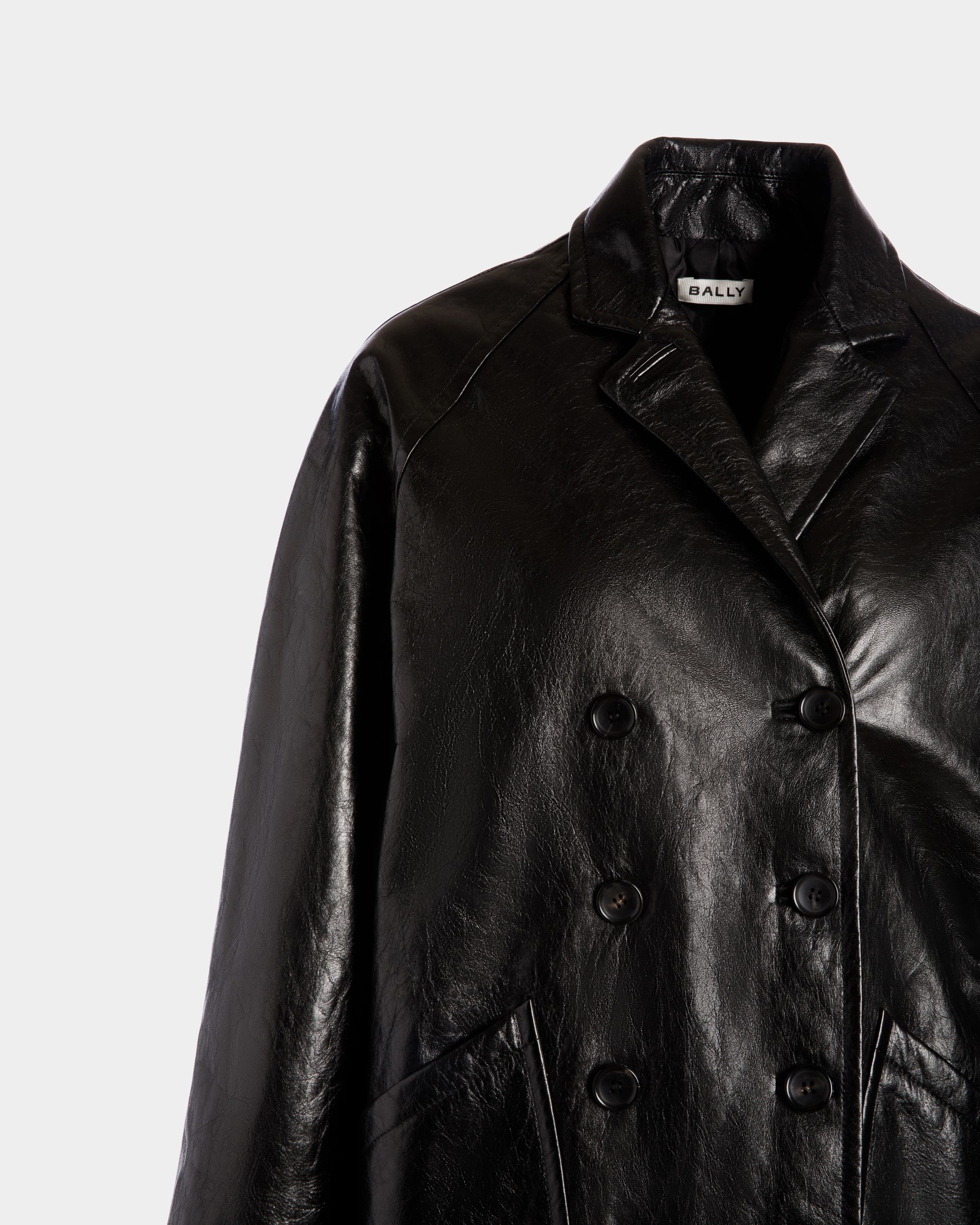 Double-Breasted Midi Coat In Black Leather - Women's - Bally - 04