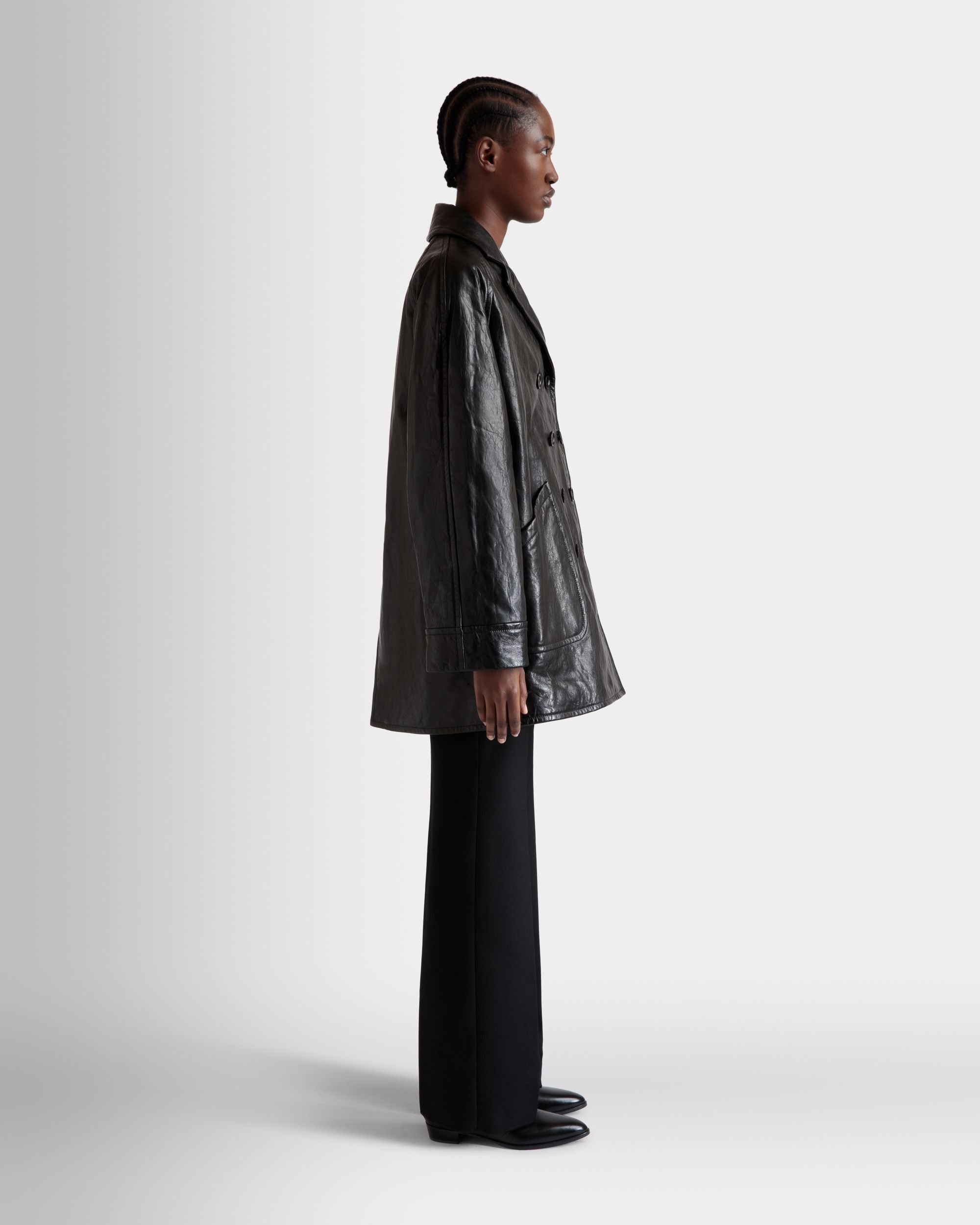 Double-Breasted Midi Coat In Black Leather - Women's - Bally - 05