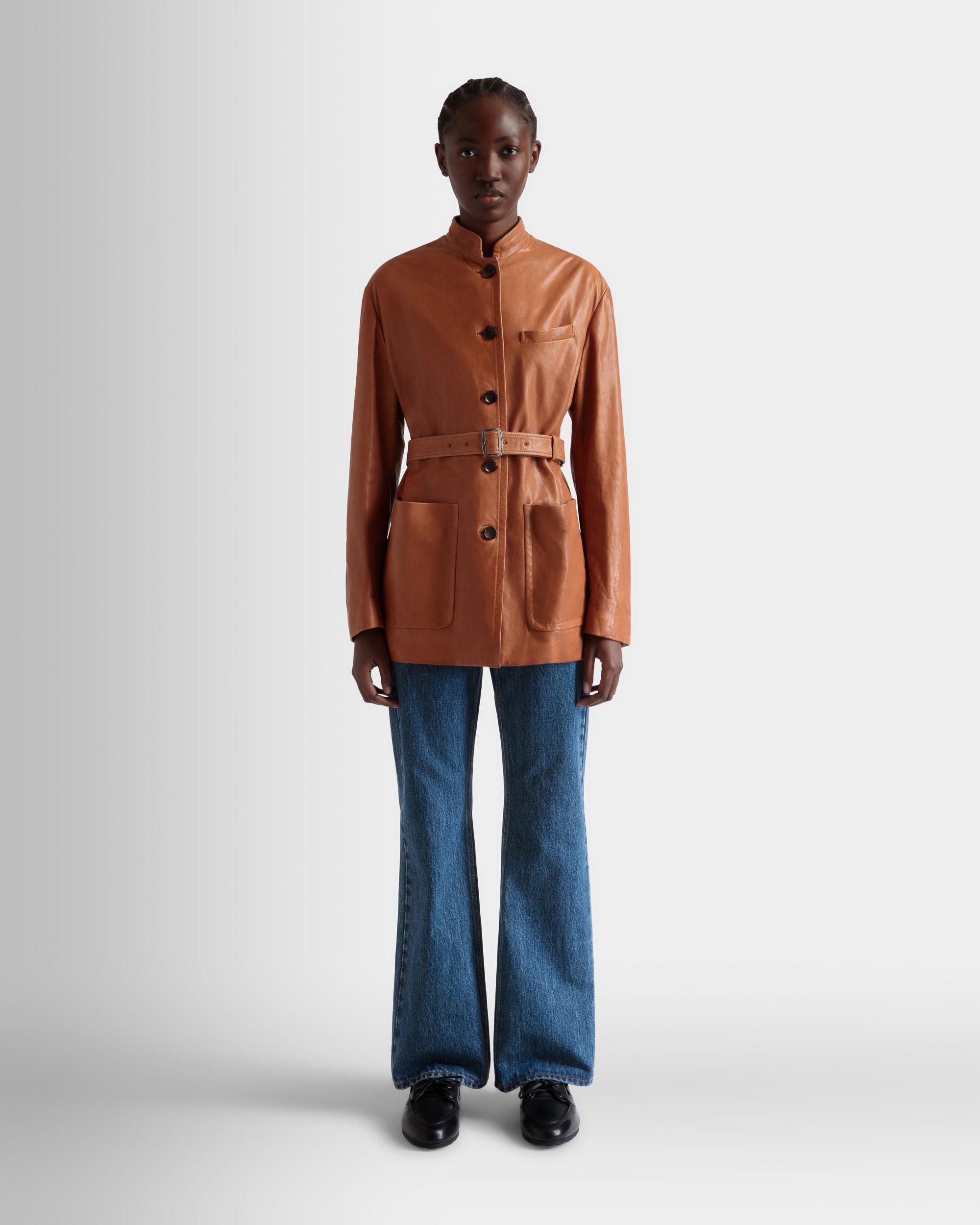 Belted Jacket in Brown Leather - Women's - Bally - 02