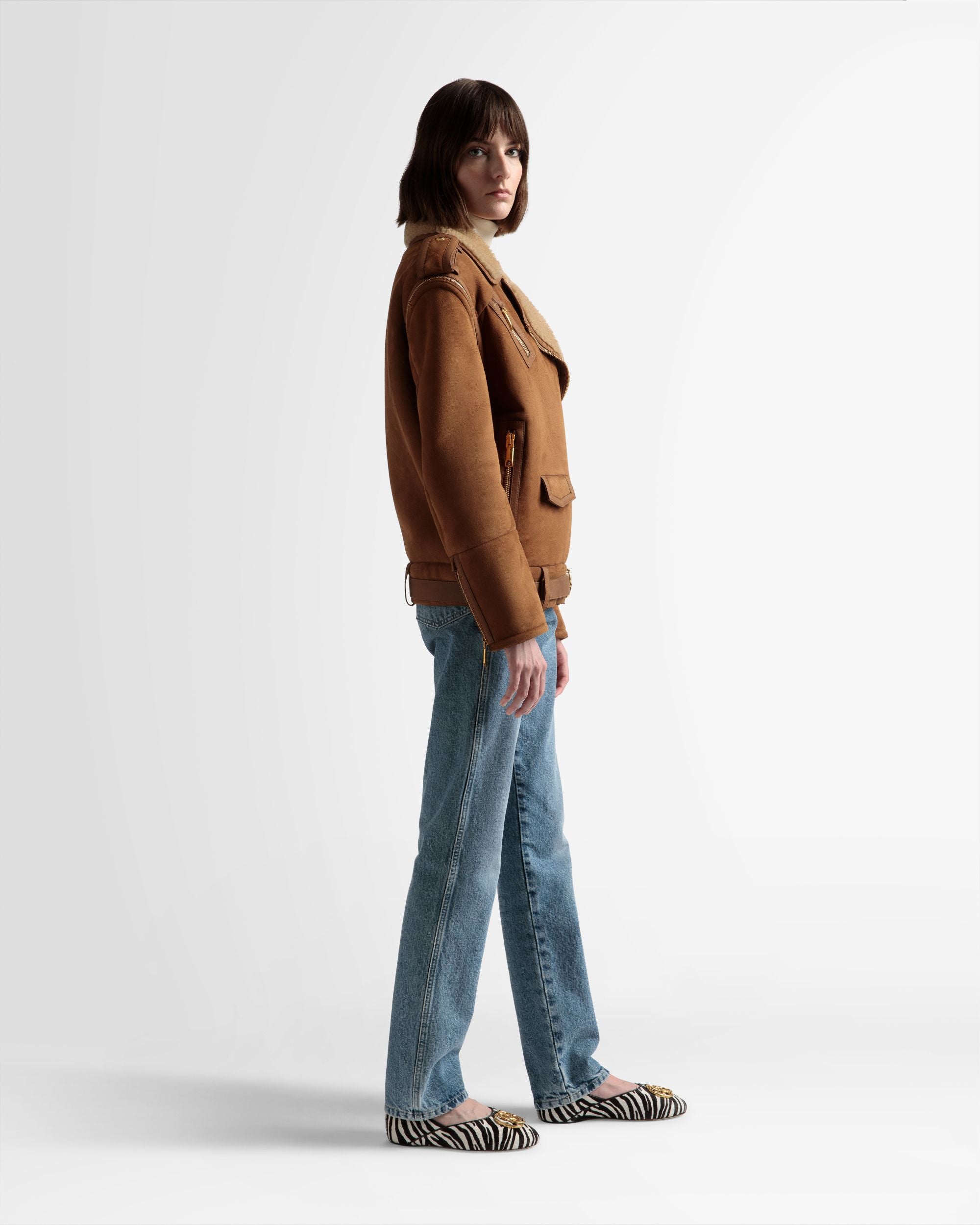 Double-Breasted Shearling Jacket In Brown Suede - Women's - Bally - 05